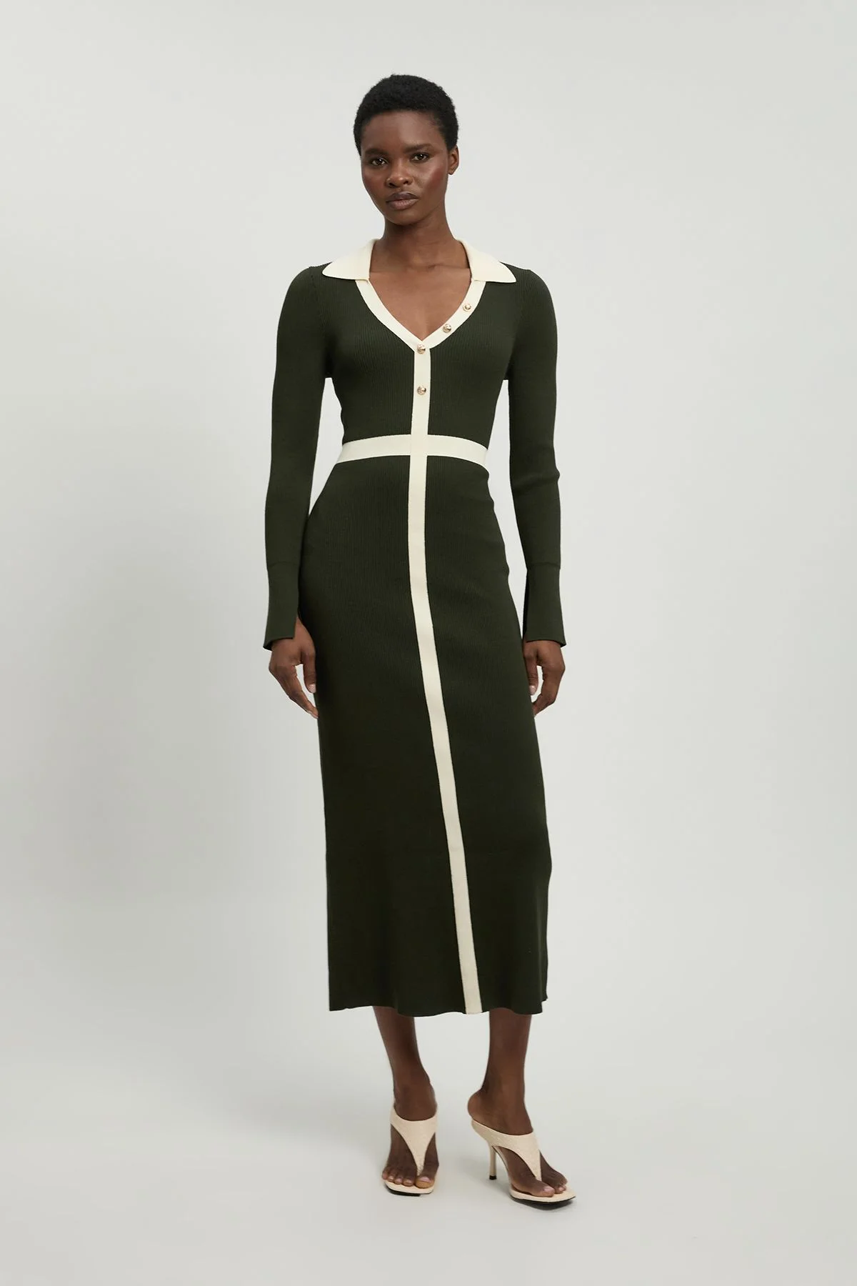 Knit Rib With Contrast Waist Detail Collared Midi Dress - 1