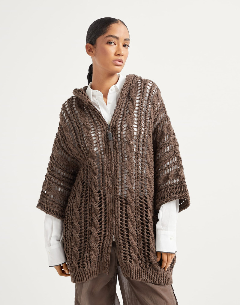 Jute and cotton cable & mesh hooded cardigan with shiny zipper pull 1