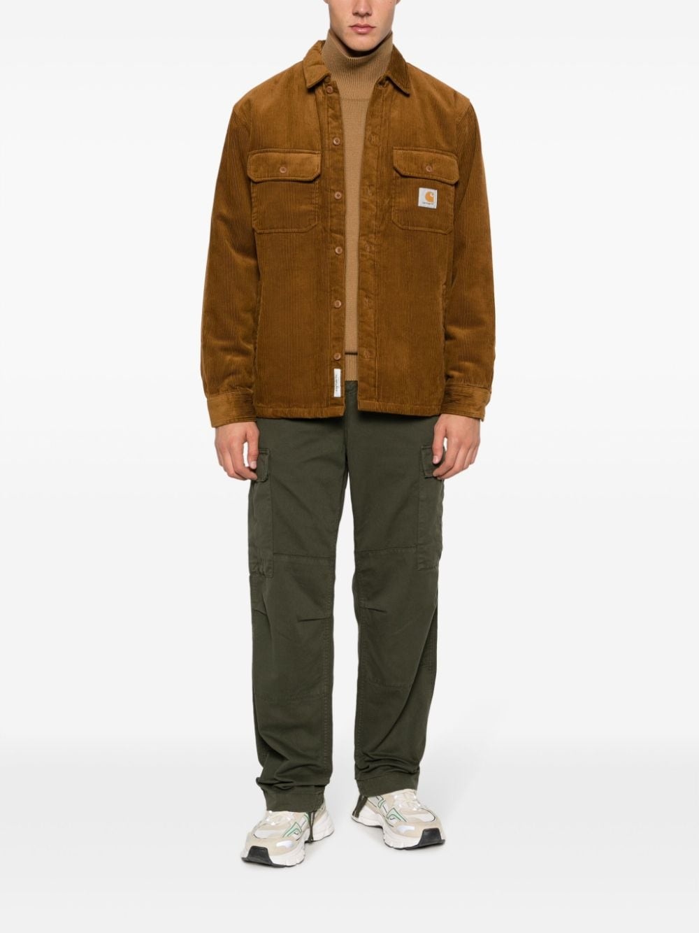 logo-patch corduroy shirt jacket - 2