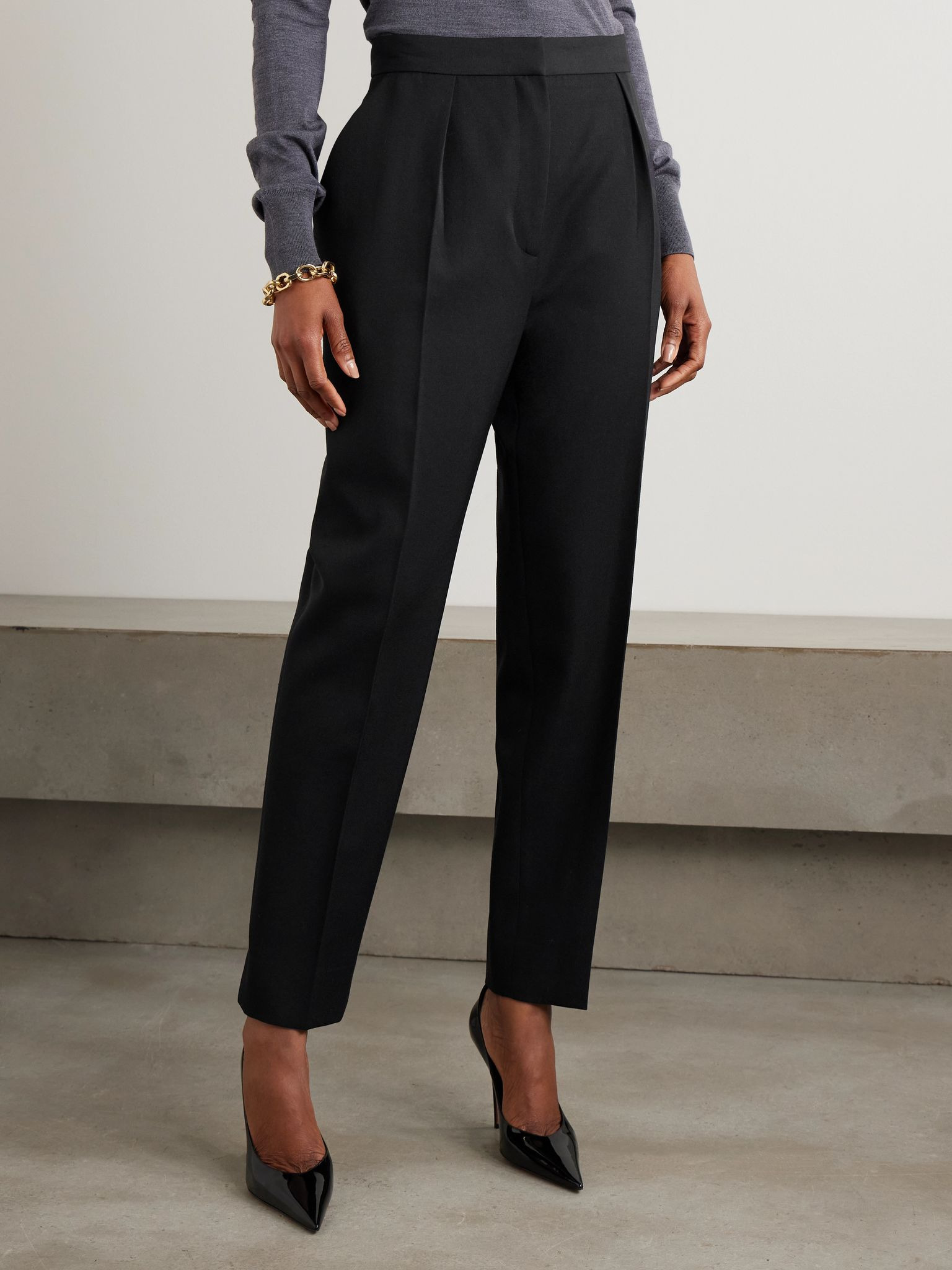 Pleated grain de poudre wool tapered pants Black - 3