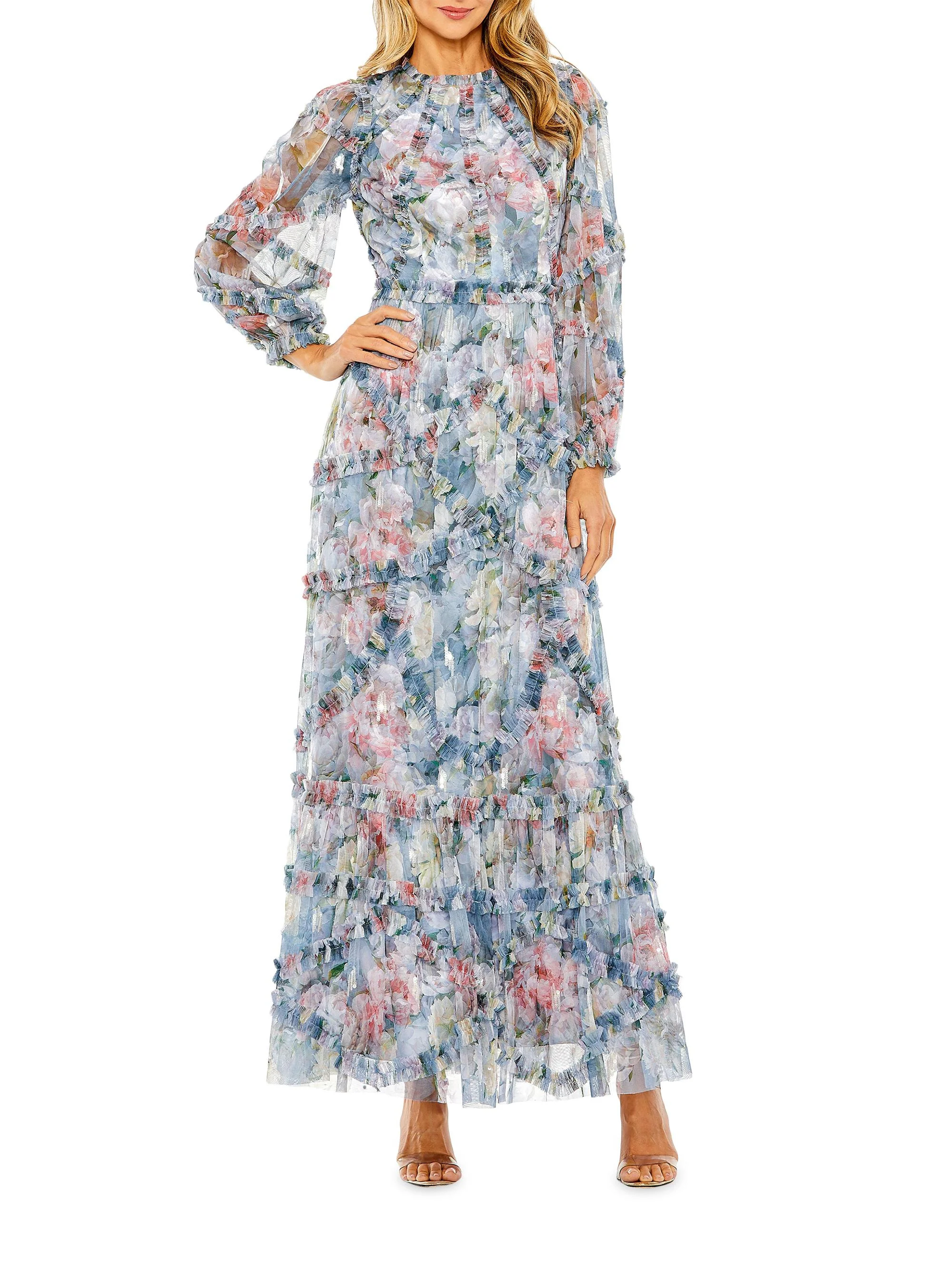 Women's Floral Chiffon Tiered Maxi Dress - Platinum Multi - 1