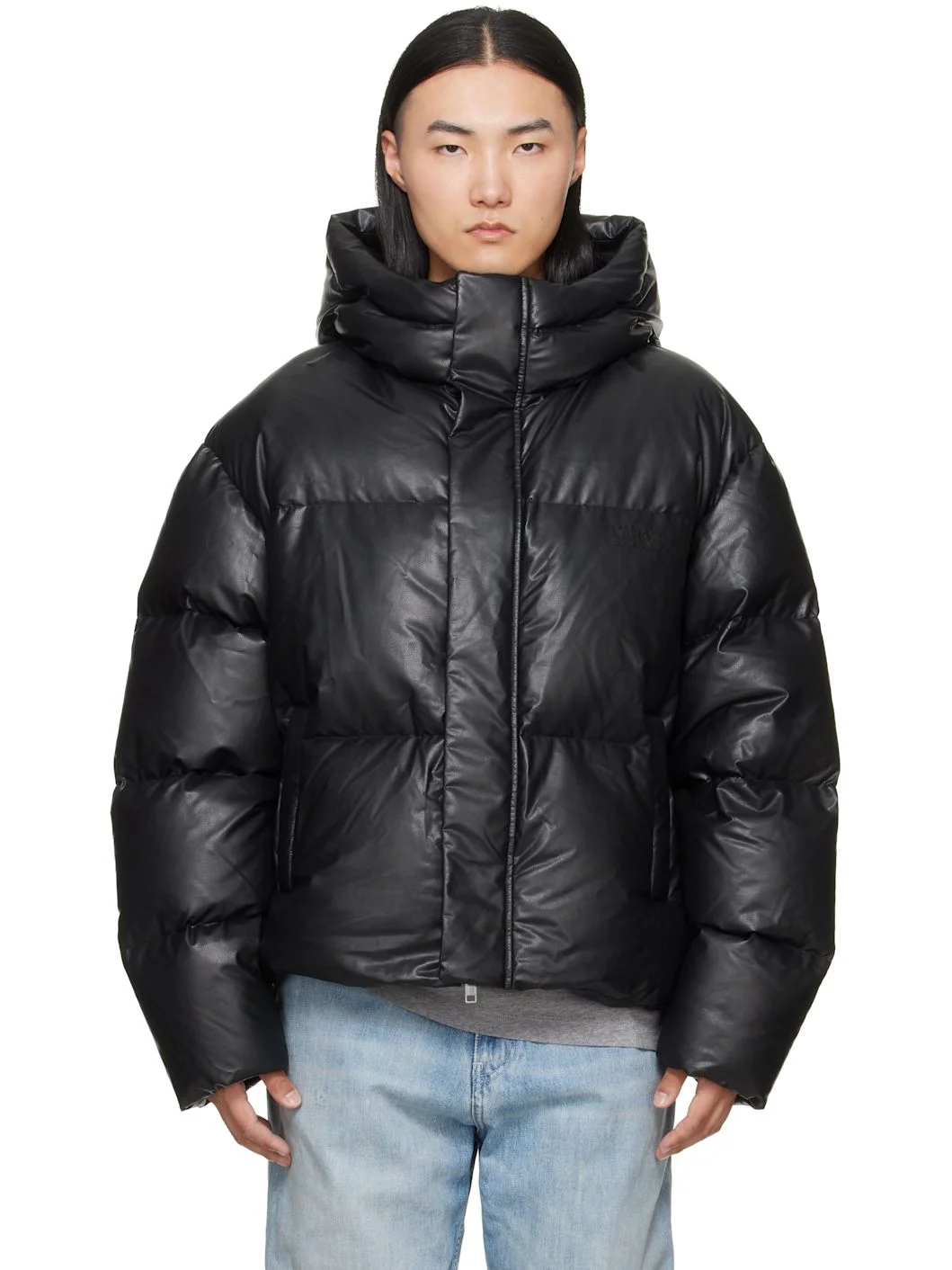 Black Faux-Leather Hooded Puffer Down Jacket - 1