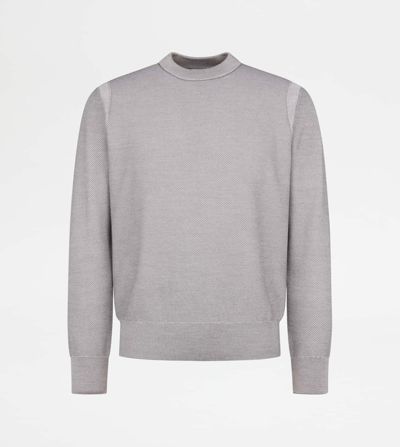 ROUND-NECK PULLOVER IN WOOL PIQUET - GREY 1