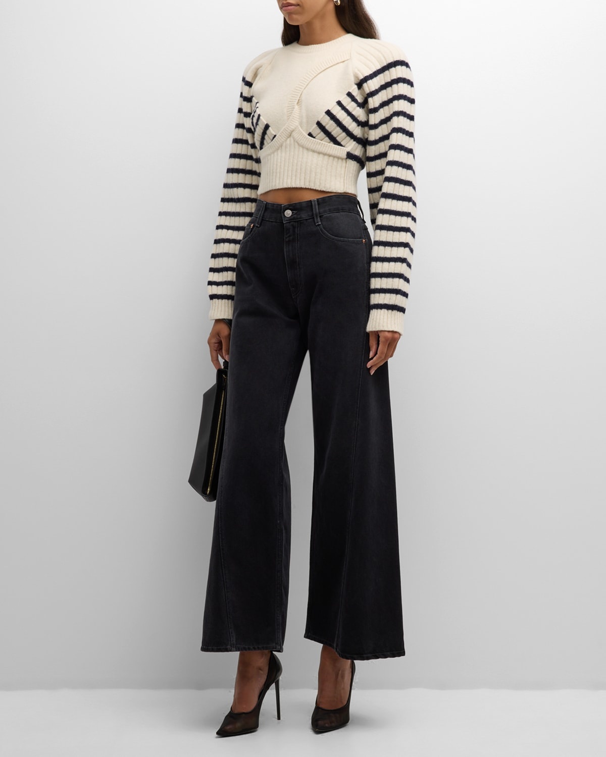 Ribbed Mariniere Cropped Knit Pullover - 3