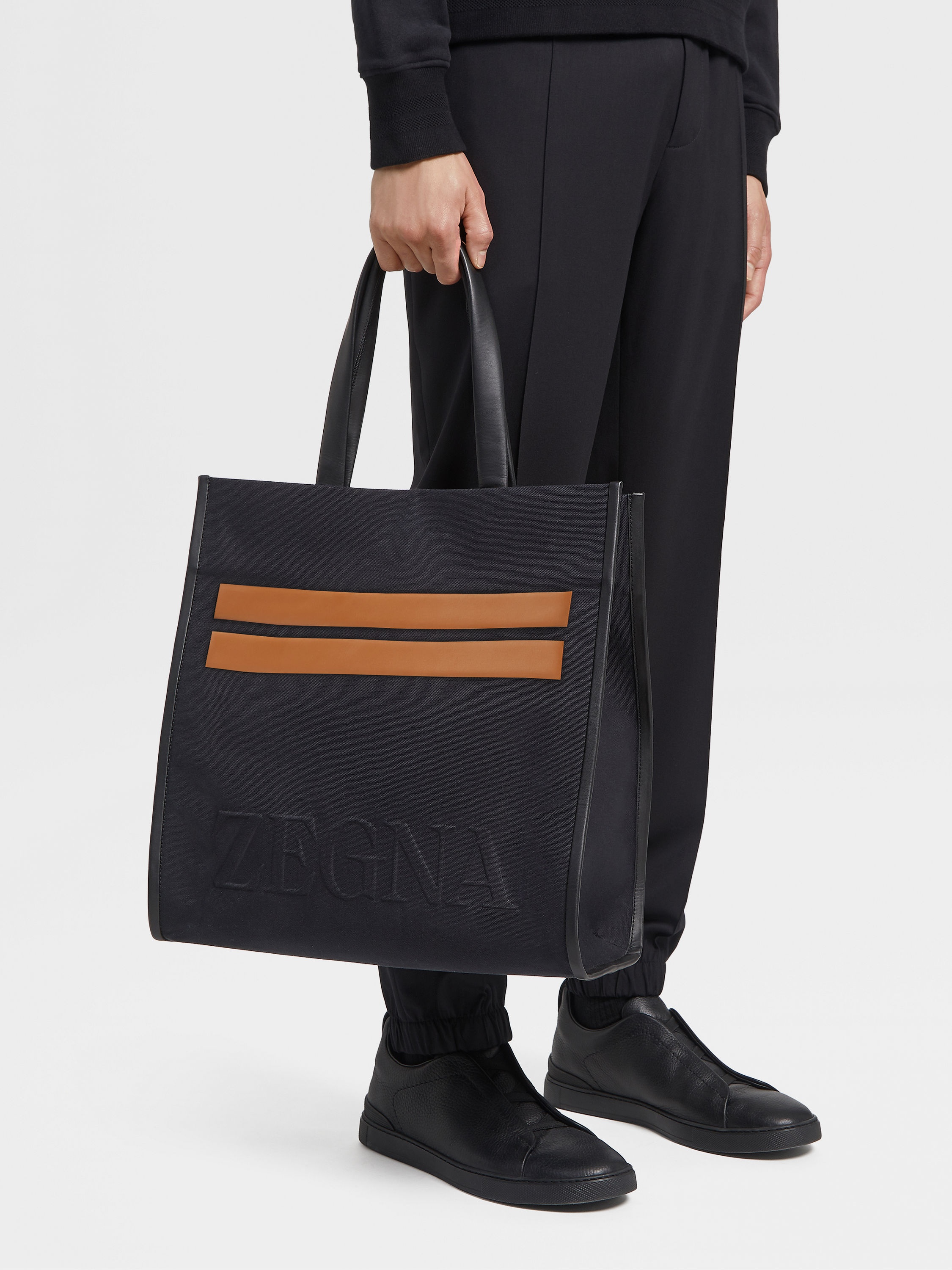 BLACK COTTON AND LEATHER START UP TOTE BAG - 2