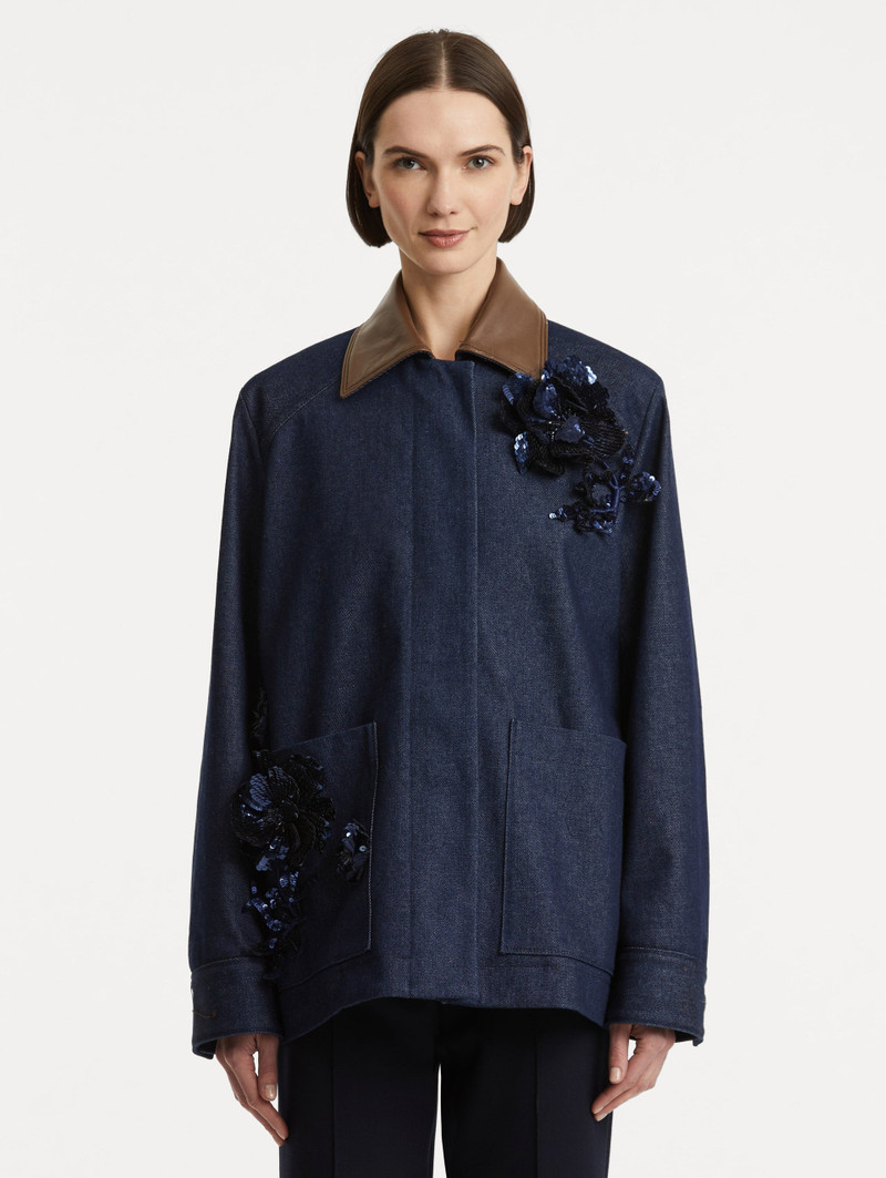 Oscar de la Renta PEONY SEQUIN EMBROIDERED DENIM JACKET outlook