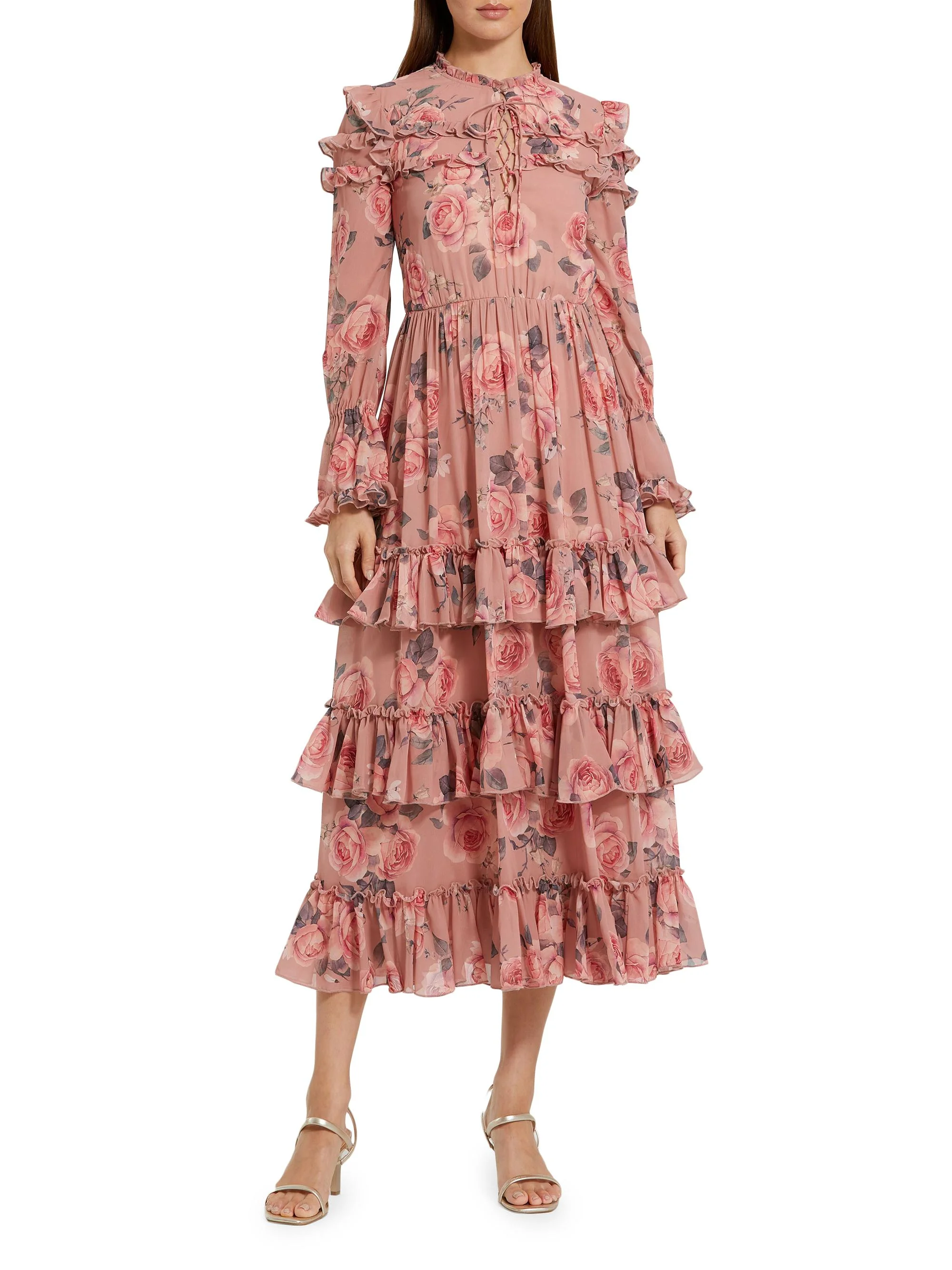 Women's Rose-Print Tiered Ruffle Midi-Dress - Rose Multi - 1