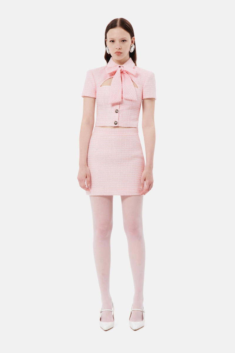 Alessandra Rich SEQUIN CHECKED TWEED CROPPED JACKET WITH BOW outlook