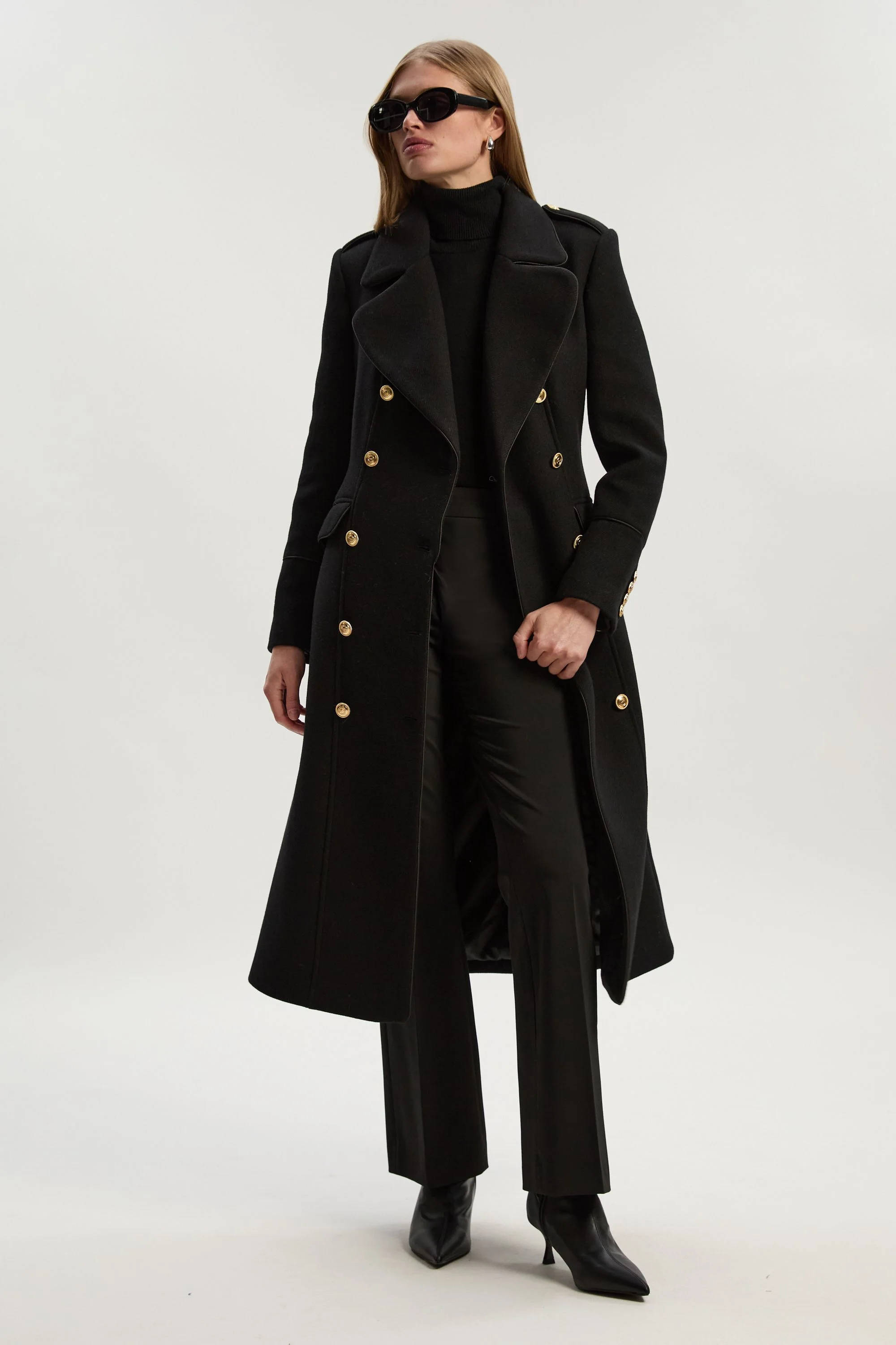 Wool Double Breasted Military Tailored Midi Coat - 1