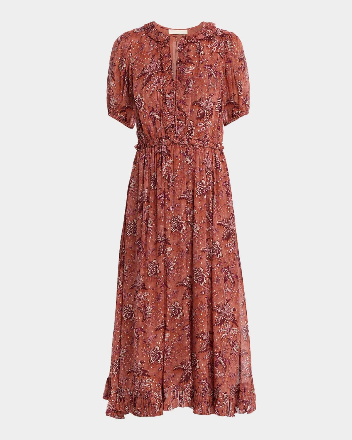 Rosamunde Puff-Sleeve Ruffle Chiffon Midi Dress - 1