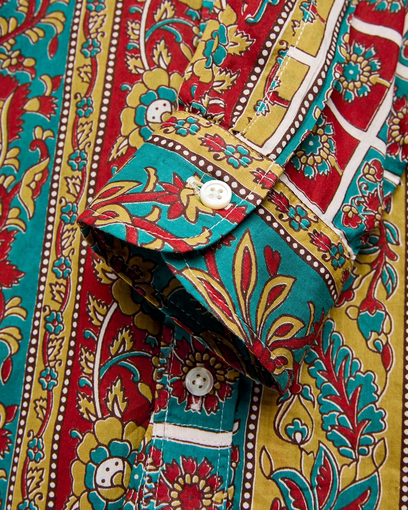 19th Century Button-Down Shirt in Jade Khaki Floral Stripe - 7