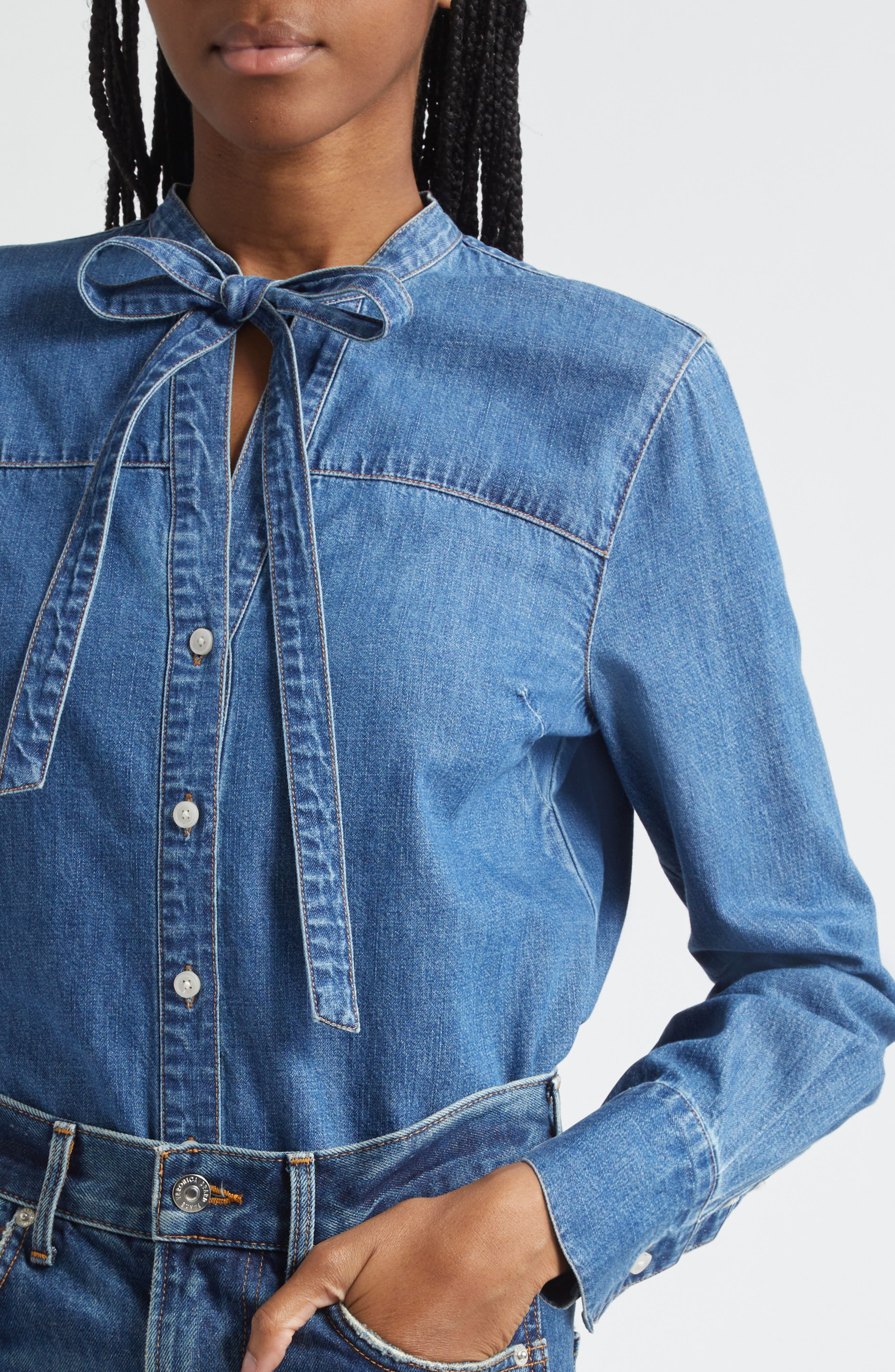 Veronica Beard Gabby Tie Neck Button-Up Denim Shirt in Serendipity at Nordstrom - 5
