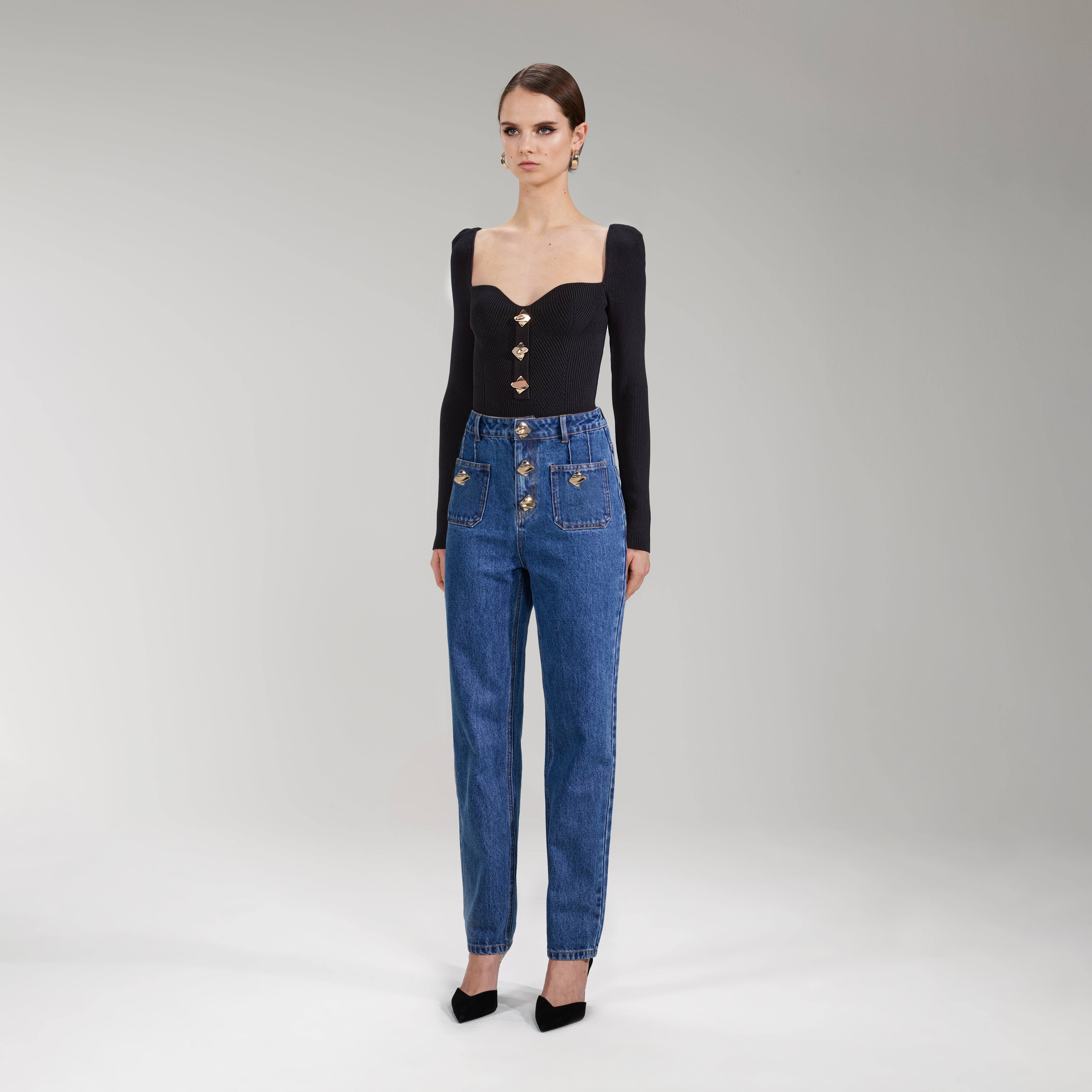 Black Long Sleeve Ribbed Knit Top - 2