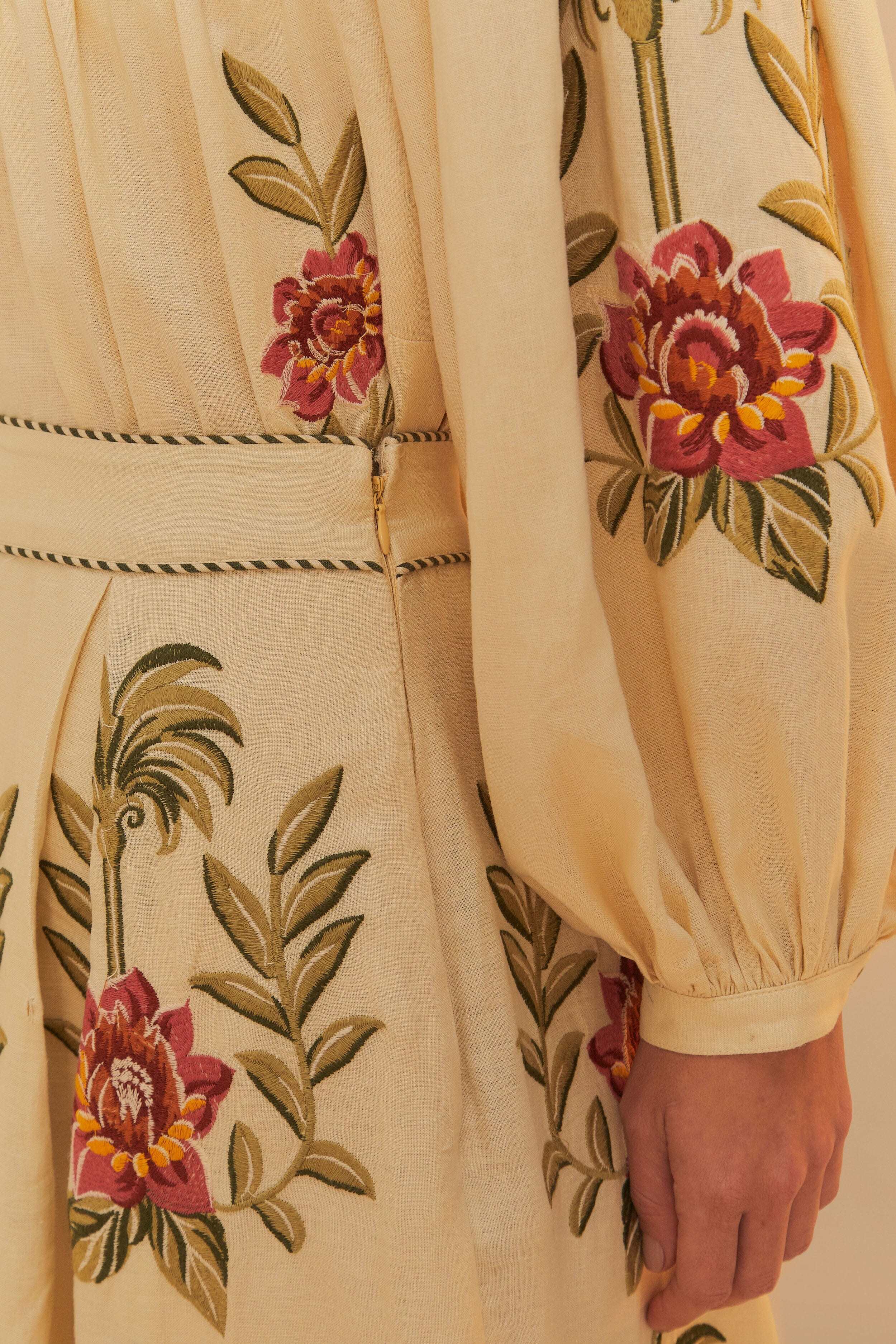 Sand Tropical Flower Embroidered Lenzing™ Ecovero™ Euroflax™ Maxi Skirt - 6