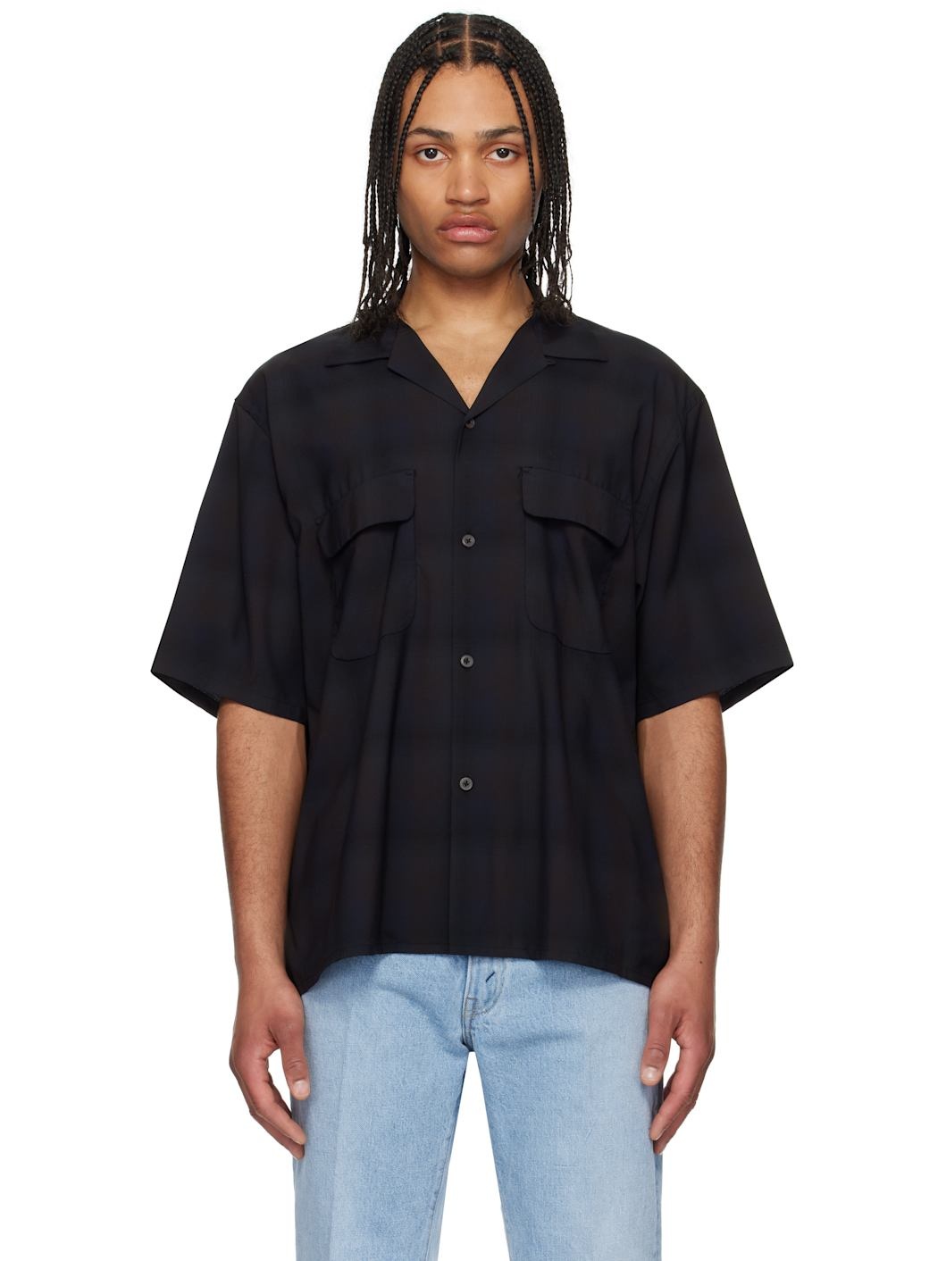 Navy & Black Open Collared S/S Shirt - 1