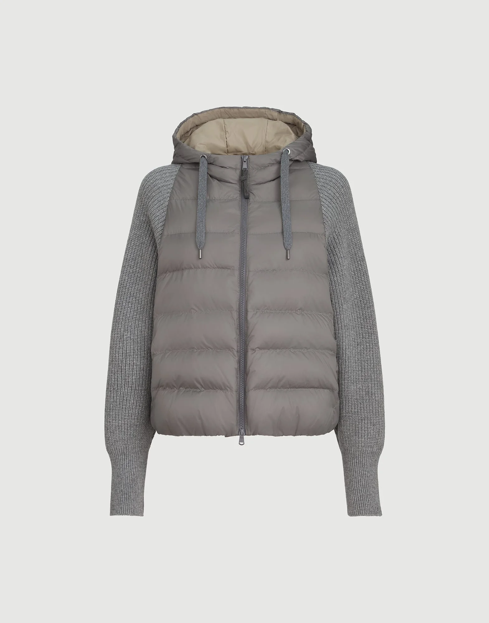 Water-resistant matte nylon hooded down jacket with monili and sleeves in virgin wool, cashmere and - 1