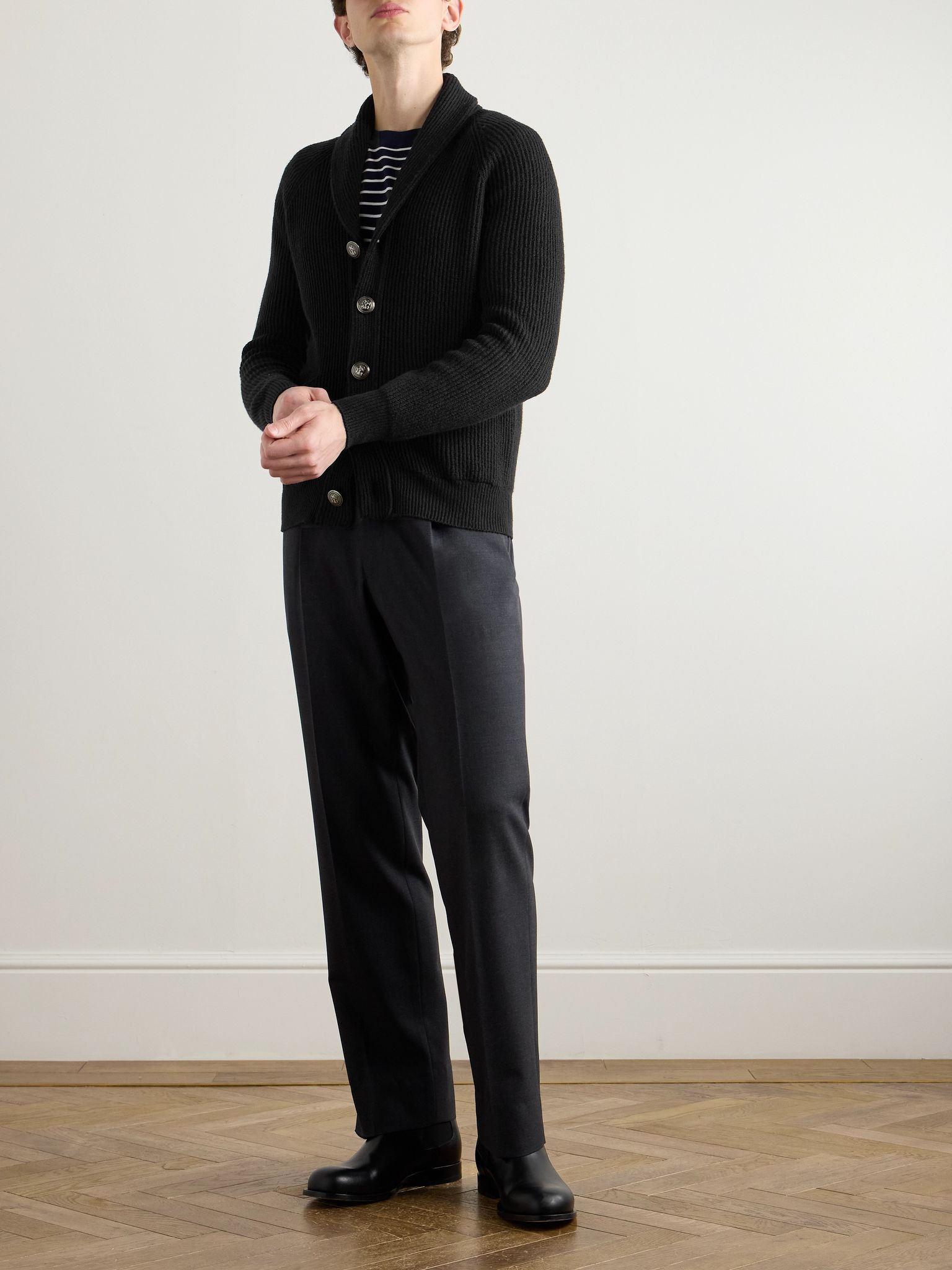 Shawl-Collar Ribbed Cotton Cardigan Black - 2