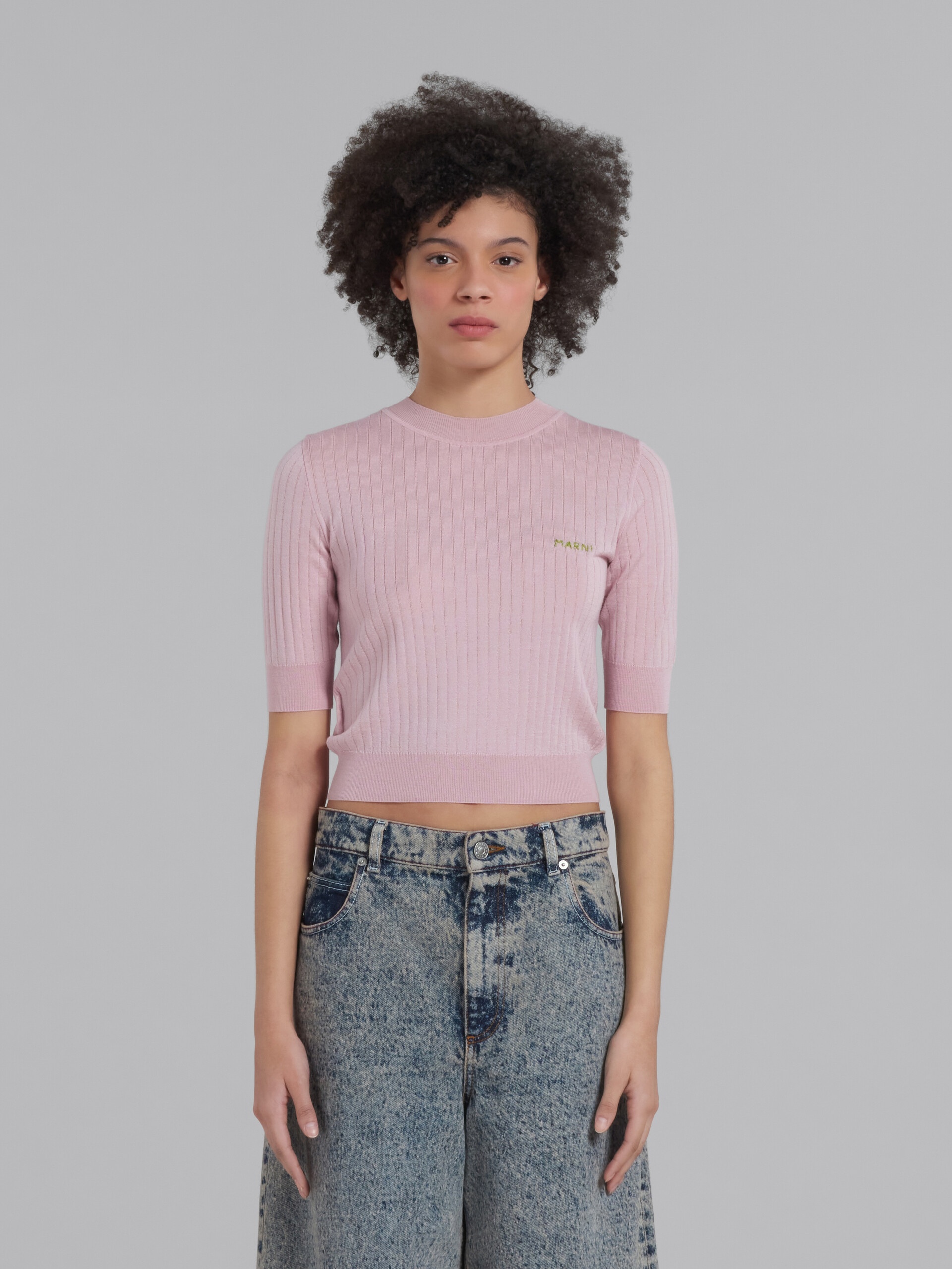 PINK RIBBED WOOL AND SILK JUMPER - 2