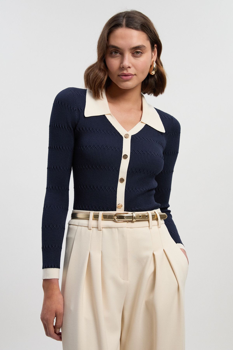 KAREN MILLEN Viscose Rib Stitch Detail Contrast Colour Button Knit Top outlook