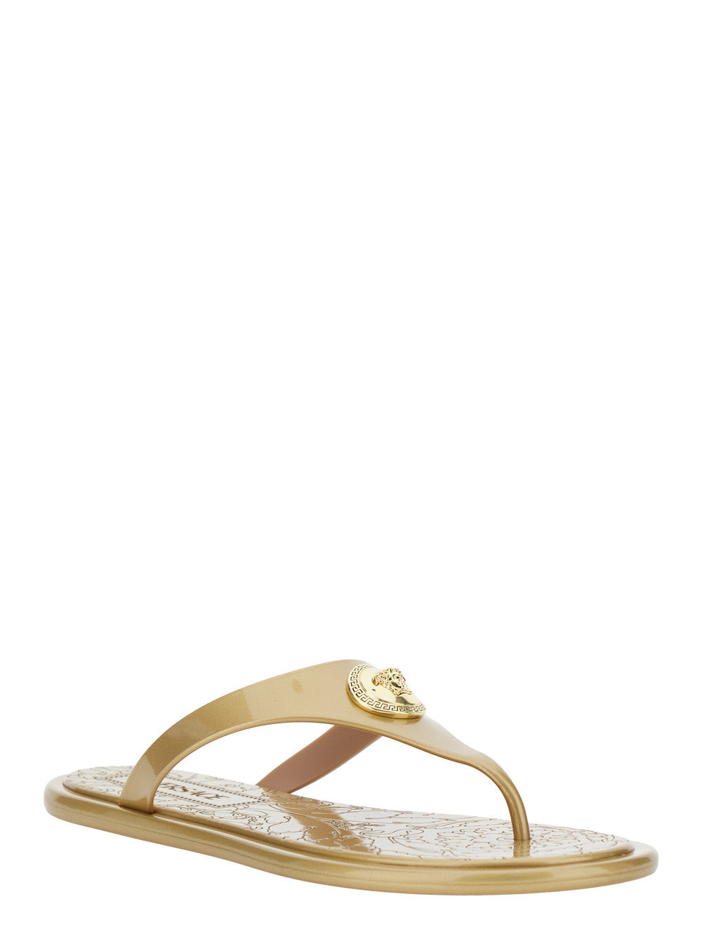 Versace Women Beige Thong Slided With Medusa Plaque On The Front And Laminated Design In Tech Fabric - 2