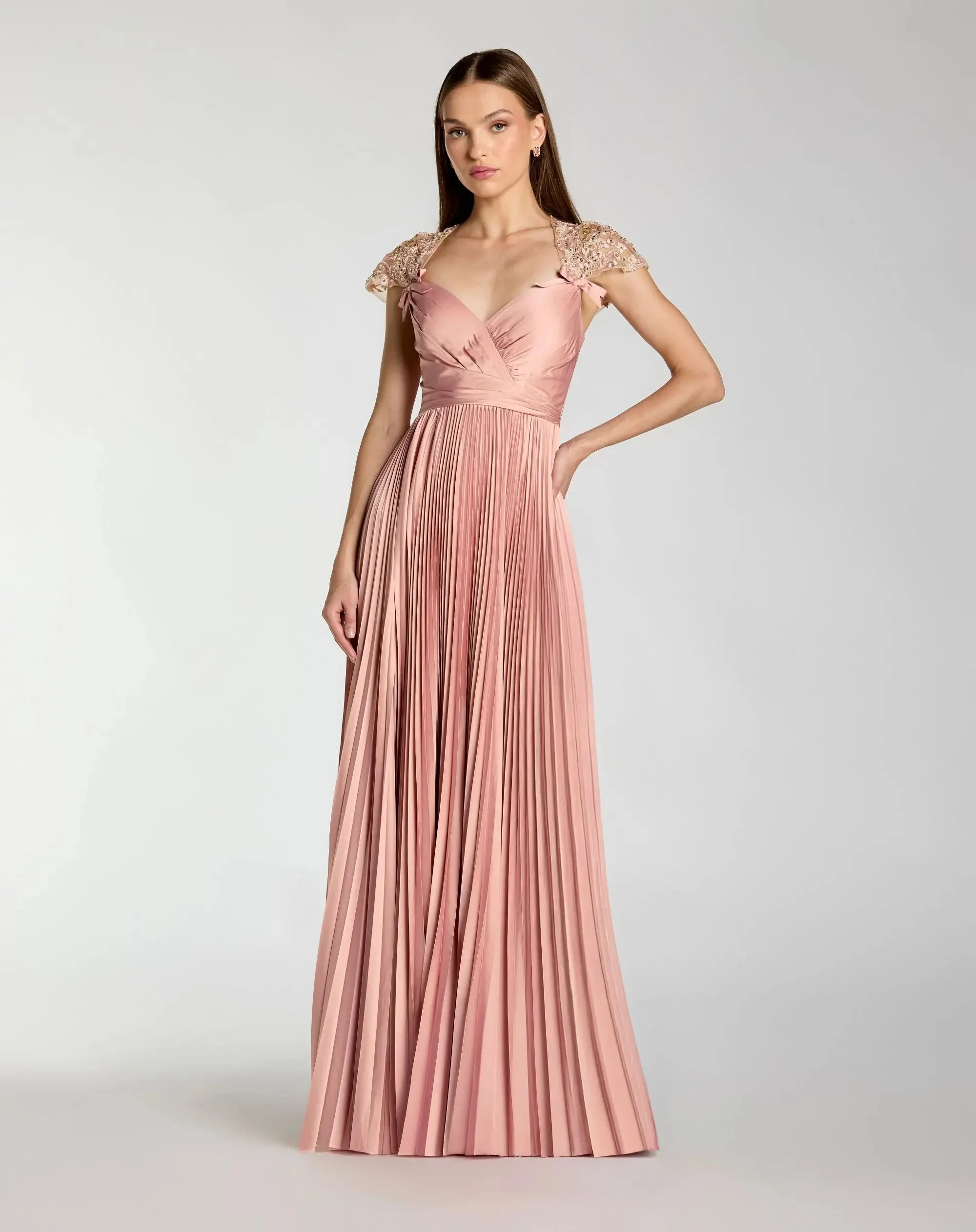 Pink Pleated Charmeuse Embellished Cap Sleeve Gown - 1