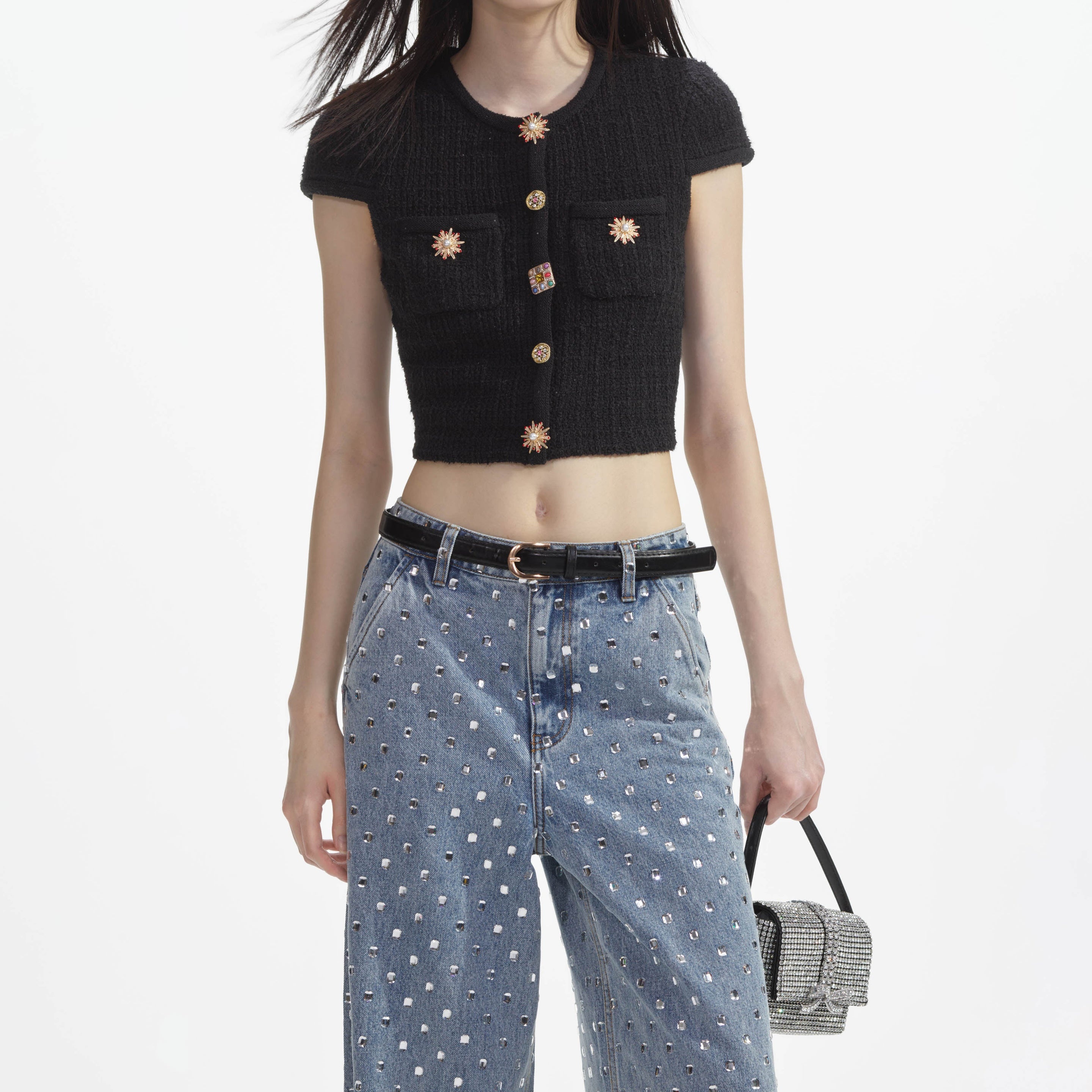 Square Rhinestone Denim Jeans - 4