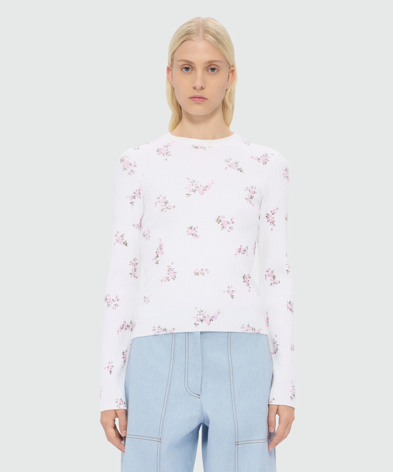 MSGM White ribbed techno-viscose knit with floral print outlook