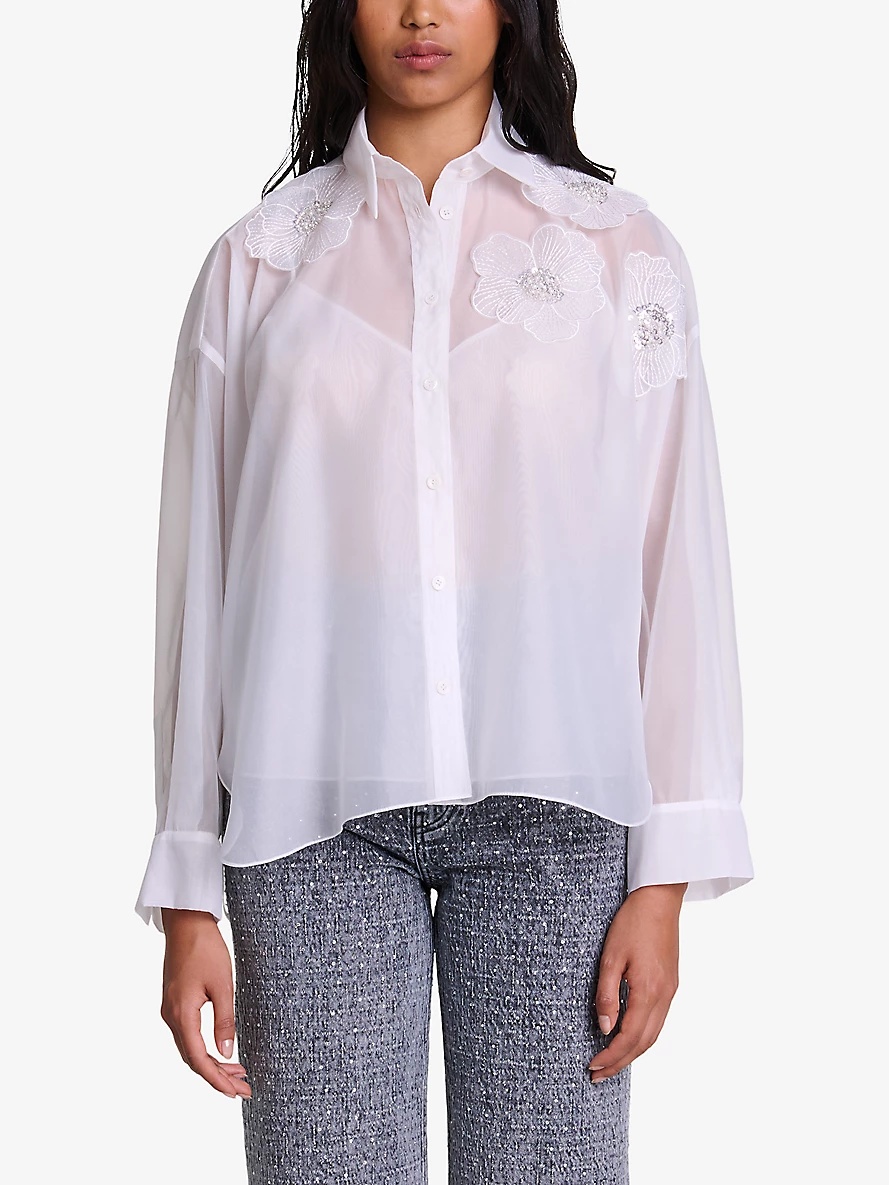 Flower-embroidered relaxed-fit organza woven shirt - 3