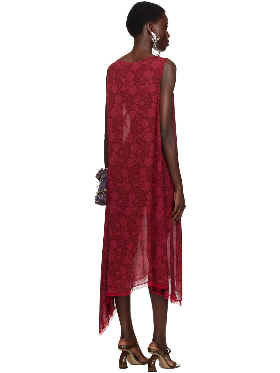 Red Loose Asymmetric Midi Dress - 3