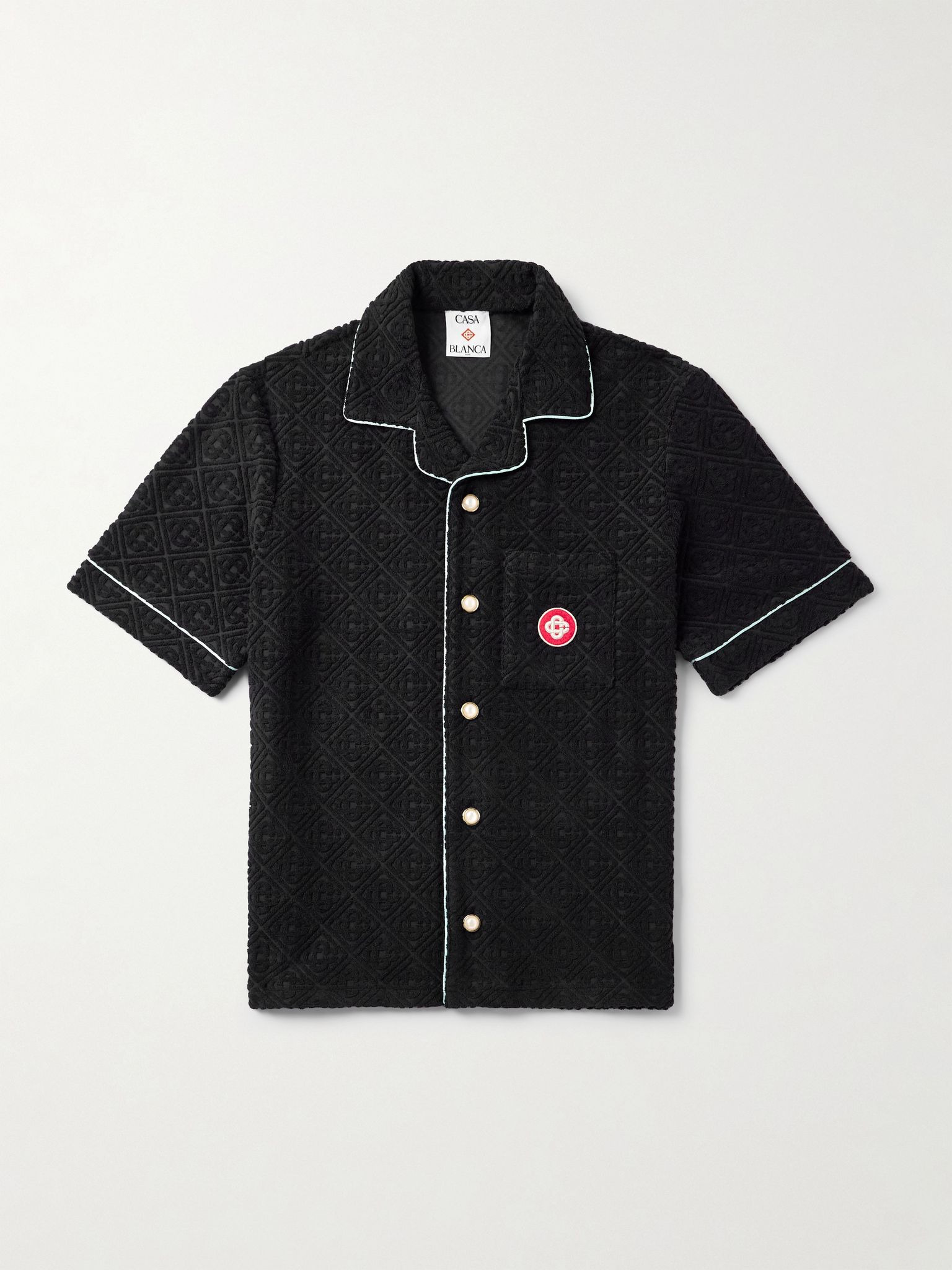 Camp-Collar Logo-Appliquéd Monogrammed Cotton-Blend Terry Jacquard Shirt Black - 1