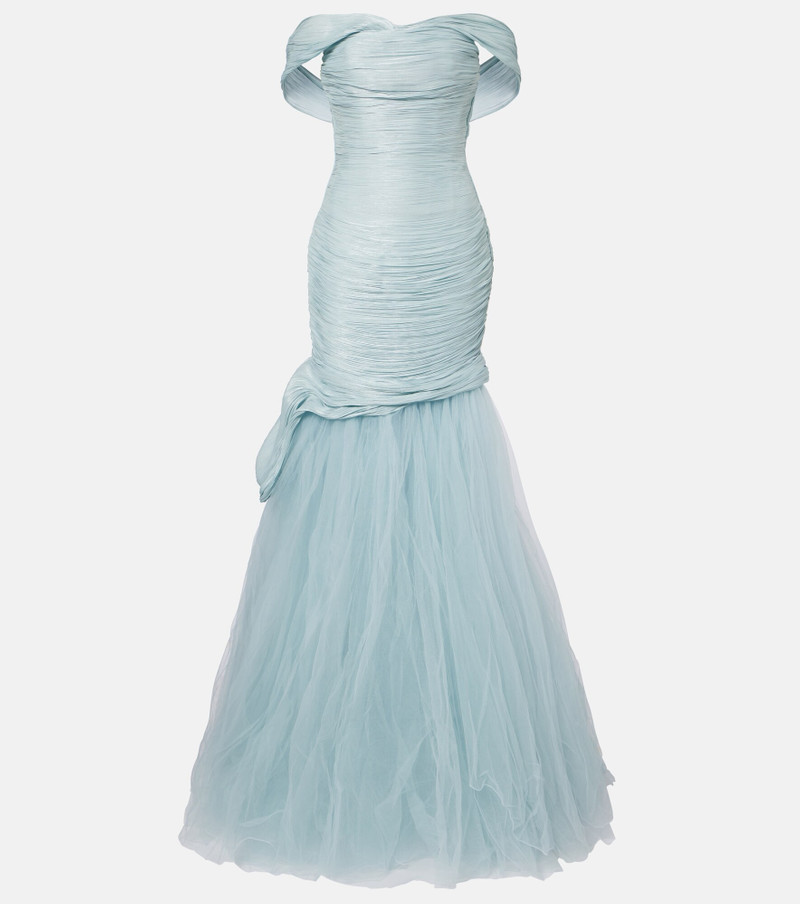 Pleated off-shoulder bustier gown 1