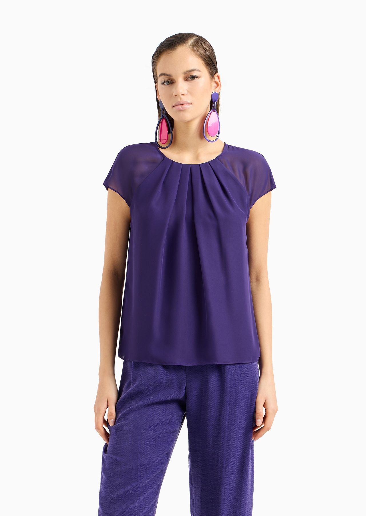 Pleated georgette short-sleeved blouse - 2