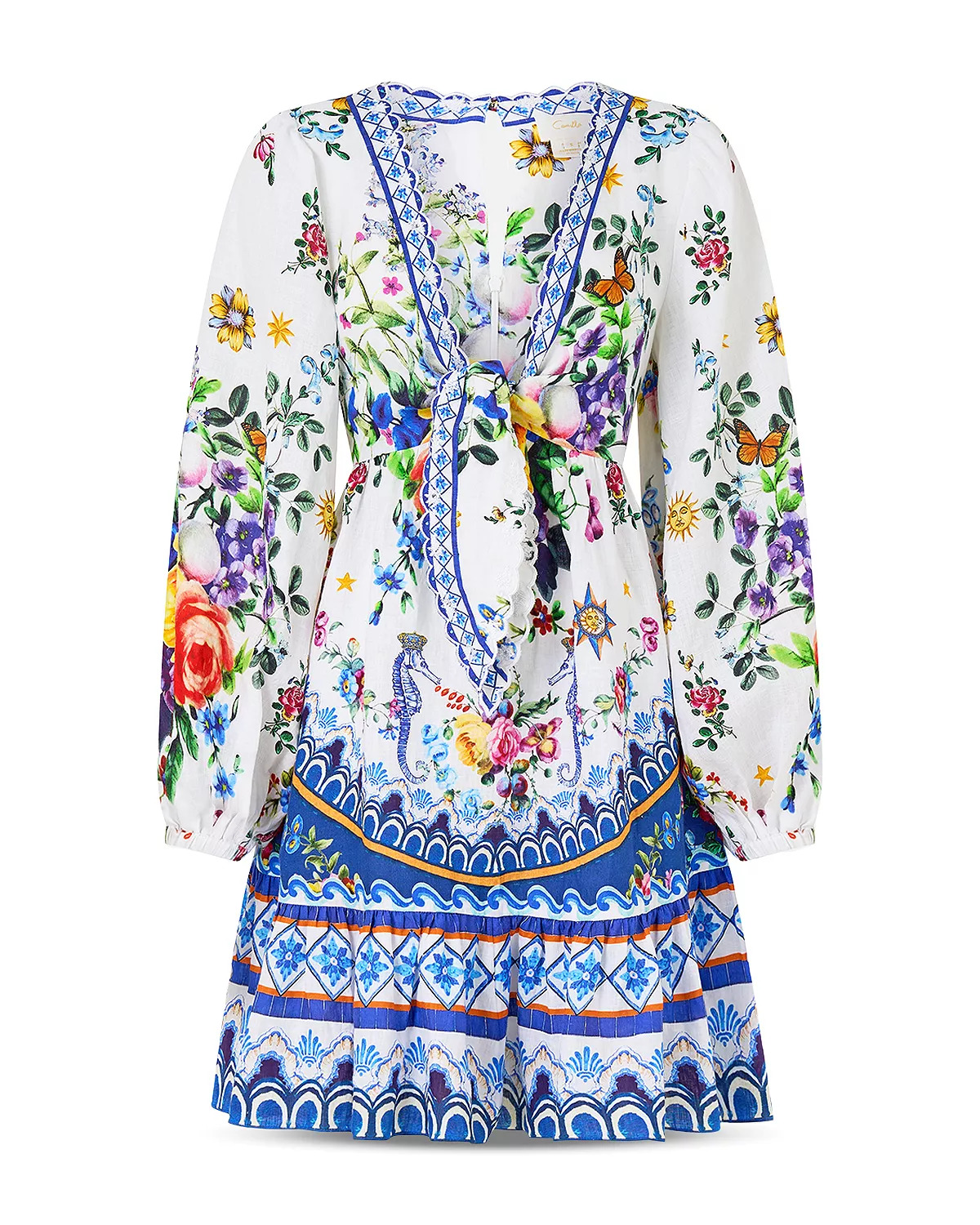 Tie Front Blouson Sleeve Mini Dress - 6