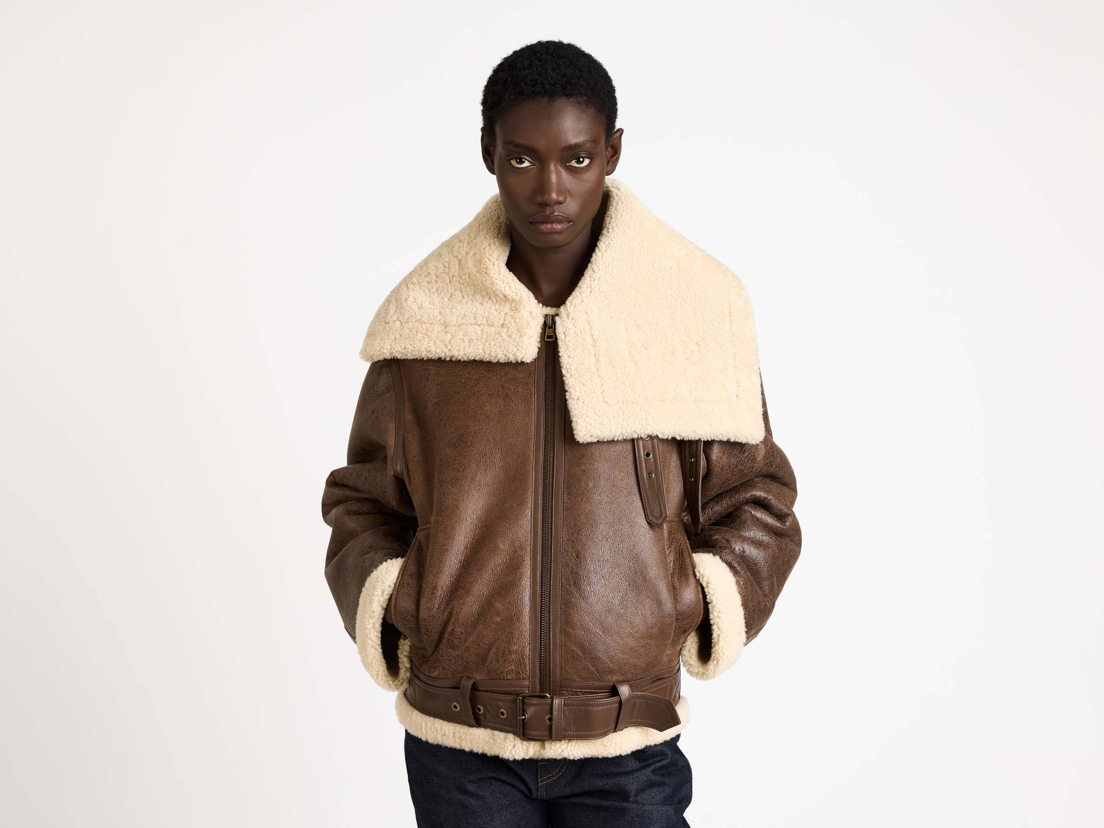 WOMENS SHEARLING LEATHER JACKET IN BROWN - 4