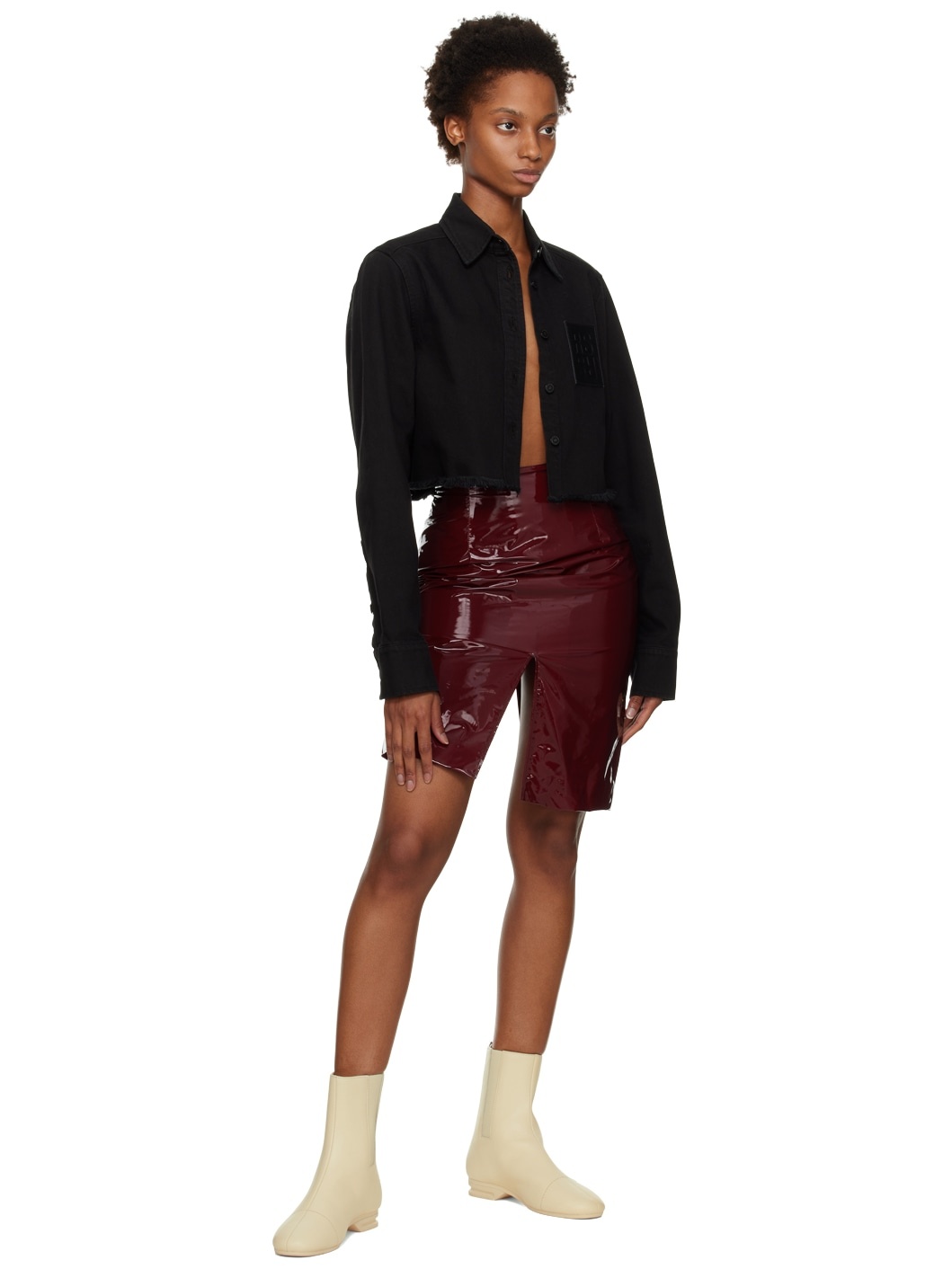 Red Vented Faux-Leather Midi Skirt - 4