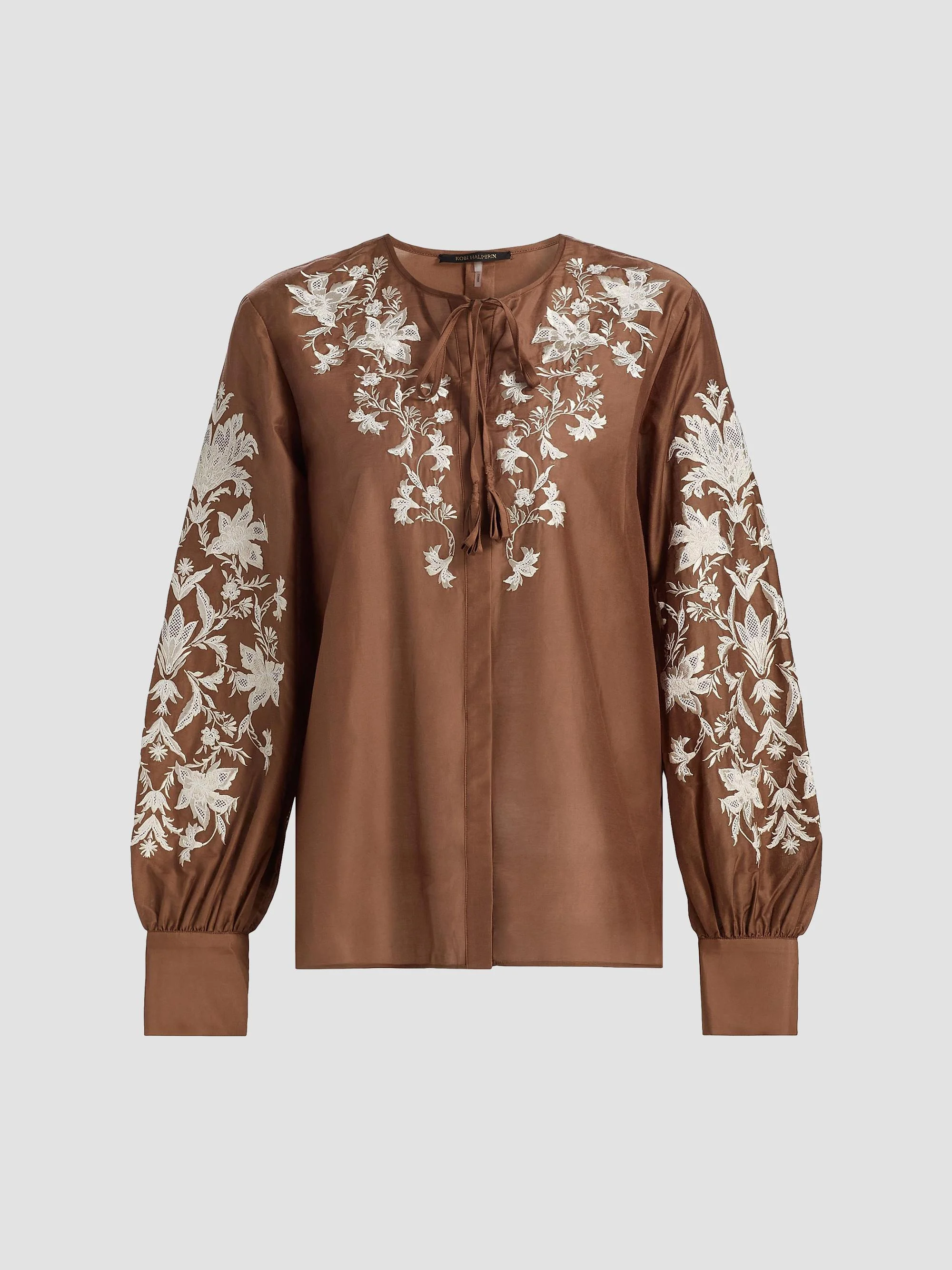 Women's Franki Floral-Embroidered Taffeta Blouse - Cacao - 1