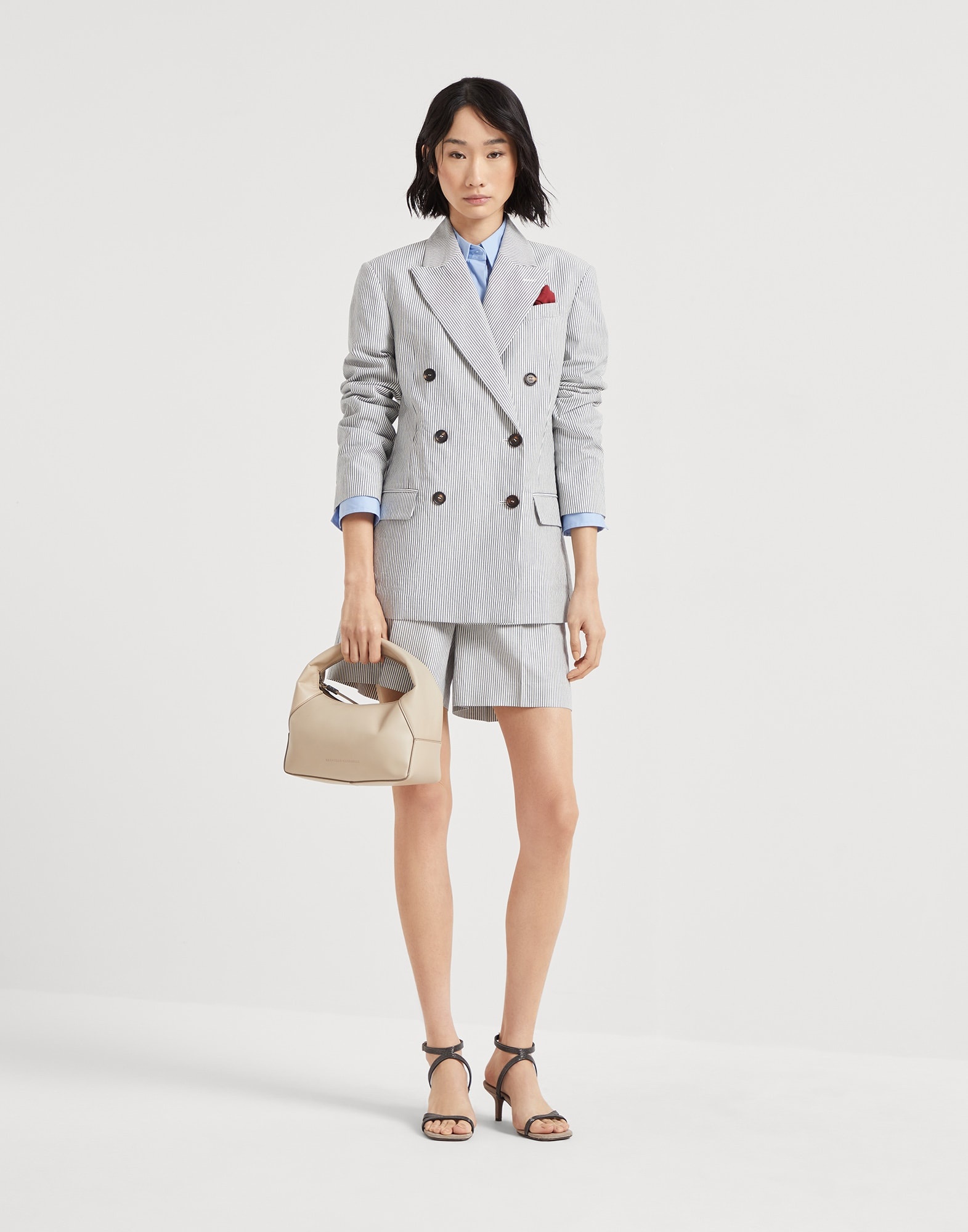 Striped cotton and linen twill blazer with monili - 5