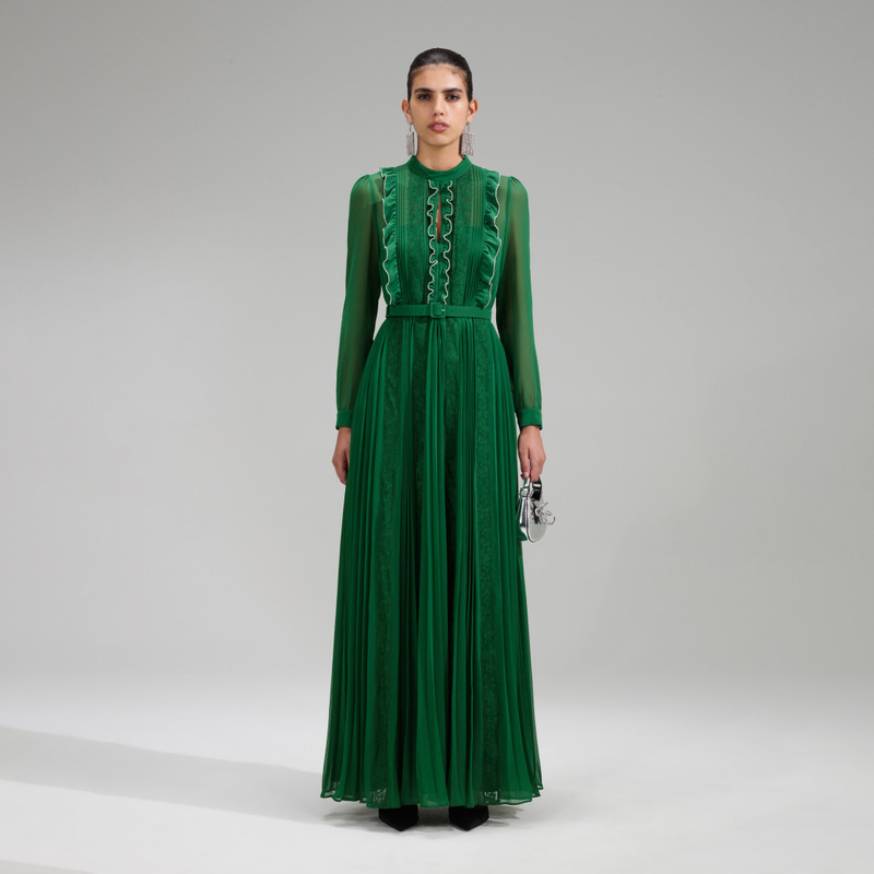 self-portrait Green Pleated Rhinestone Detail Maxi Dress - RS23-012X-G |  REVERSIBLE