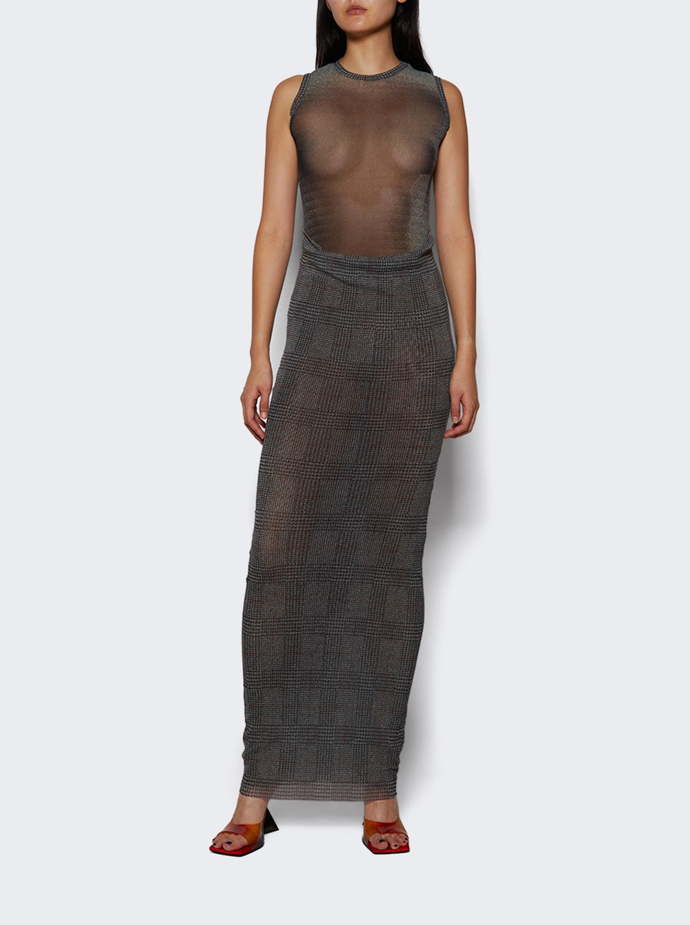 Printed Body Shadow And Prince Of Wales Mesh Long Dress Light Grey And Vanilla - 5