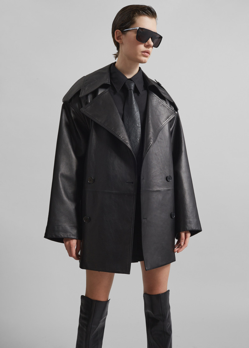 Zurich Oversized Faux Leather Short Trench - Black 7