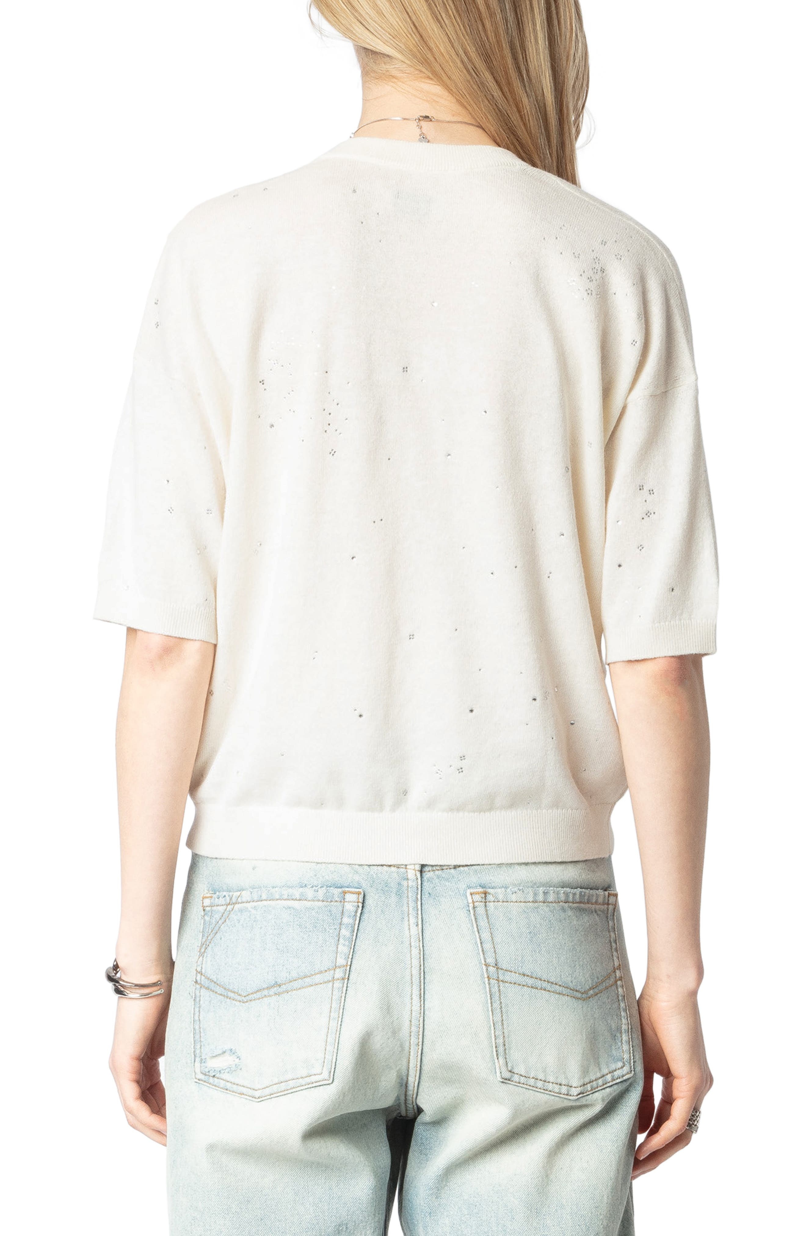 Zadig & Voltaire Wully Lico Embellished Linen Blend V-Neck Sweater in Ecru at Nordstrom - 2
