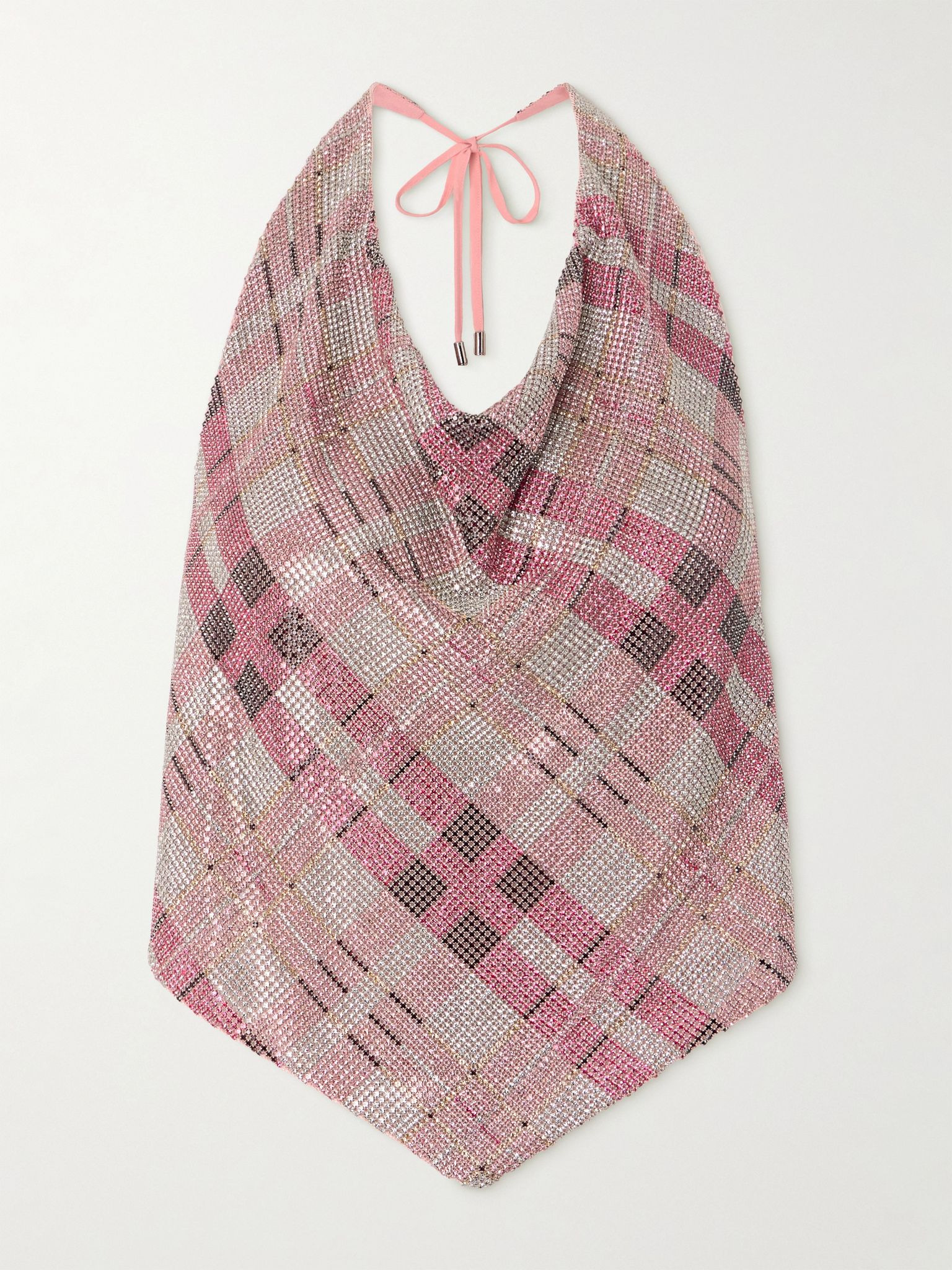 Checked crystal and chainmail-embellished faille halterneck top Pink - 1