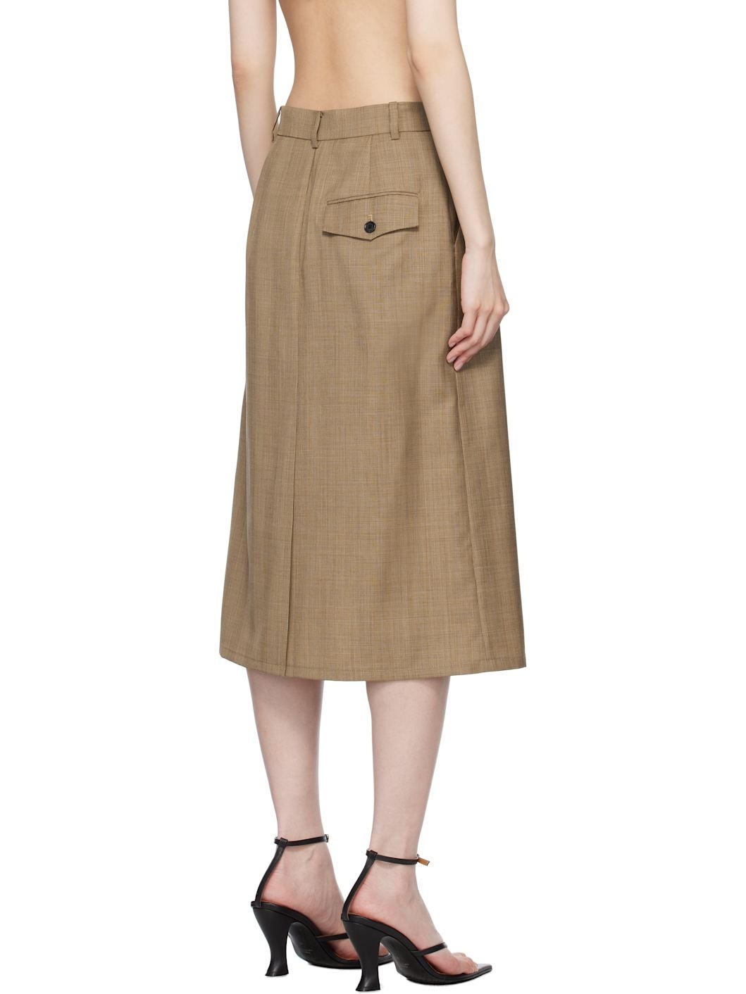 Beige Side Folded H Line Midi Skirt - 3