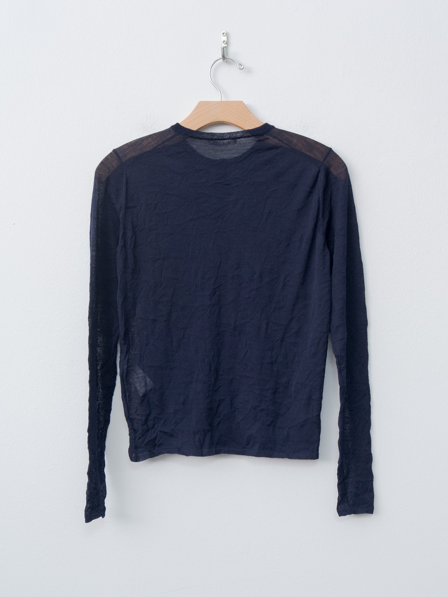 Wrinkled Wool Polyester High Gauge Knit Crew Neck Cardigan - Navy - 6
