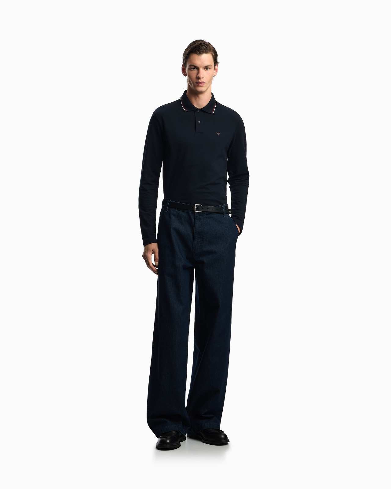 Long-sleeved stretch piqué polo shirt with micro eagle embroidery - 2