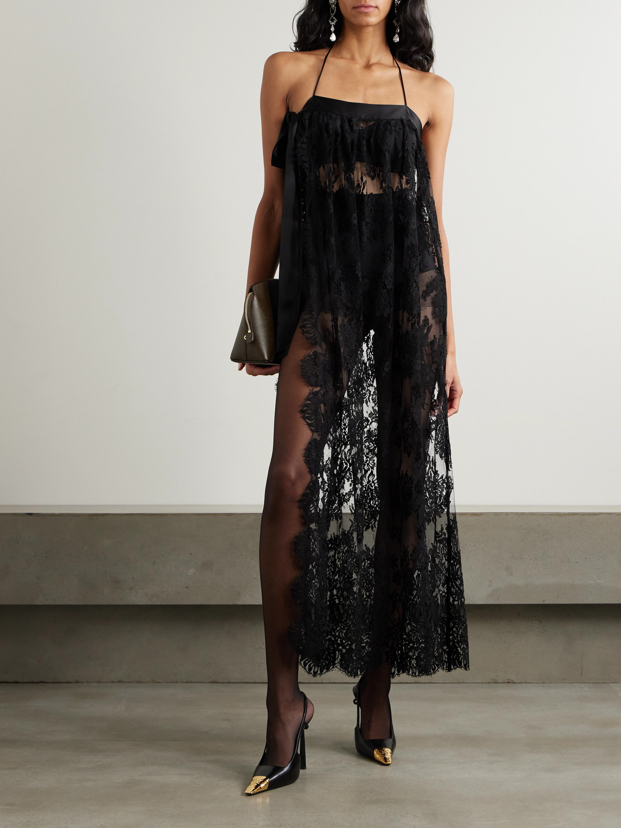 Halterneck Satin-trimmed Cotton-blend Lace Midi Wrap Dress - 2