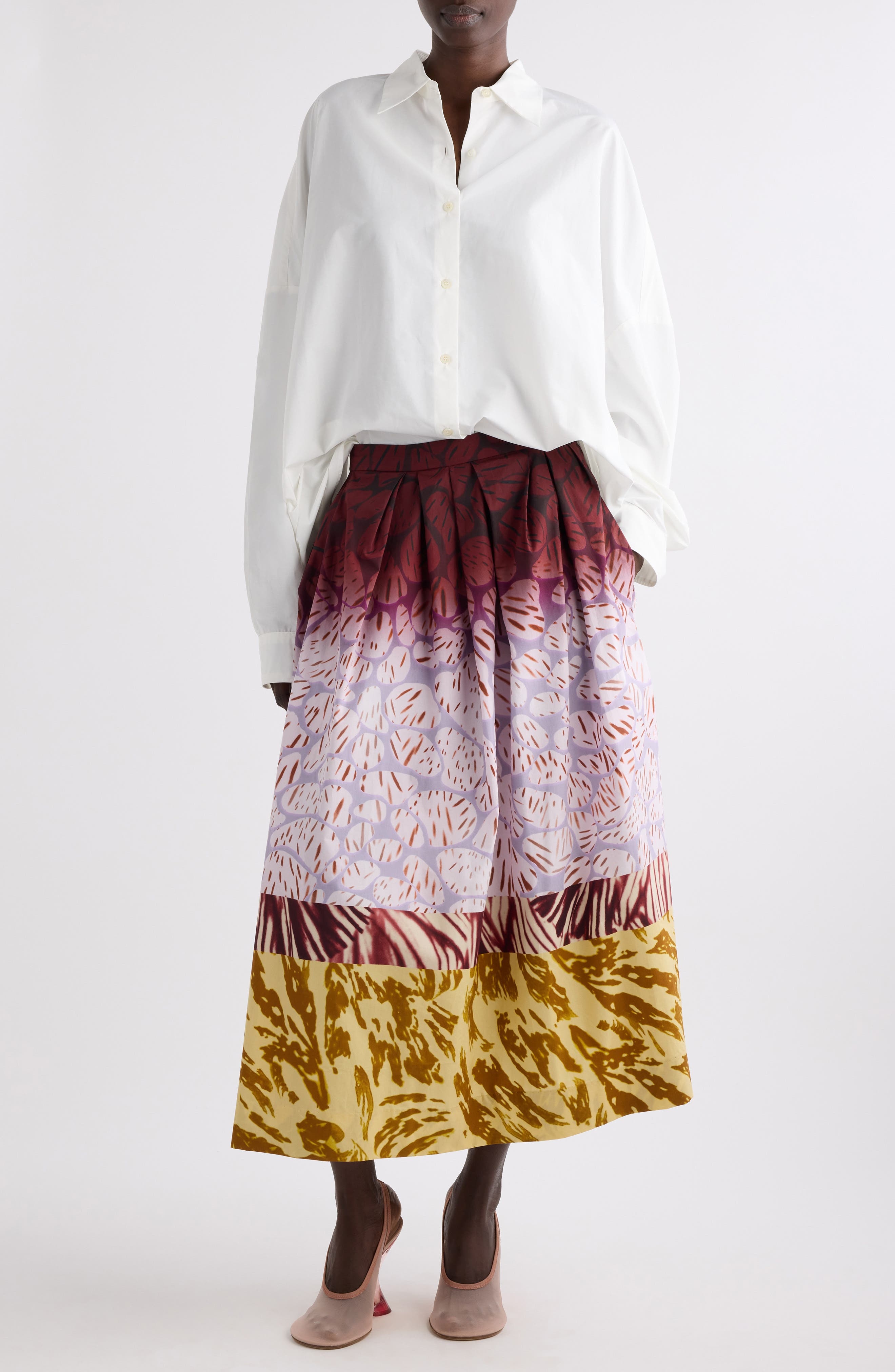 Dries Van Noten Soni Mixed Print A-Line Midi Skirt in Burgundy at Nordstrom - 2