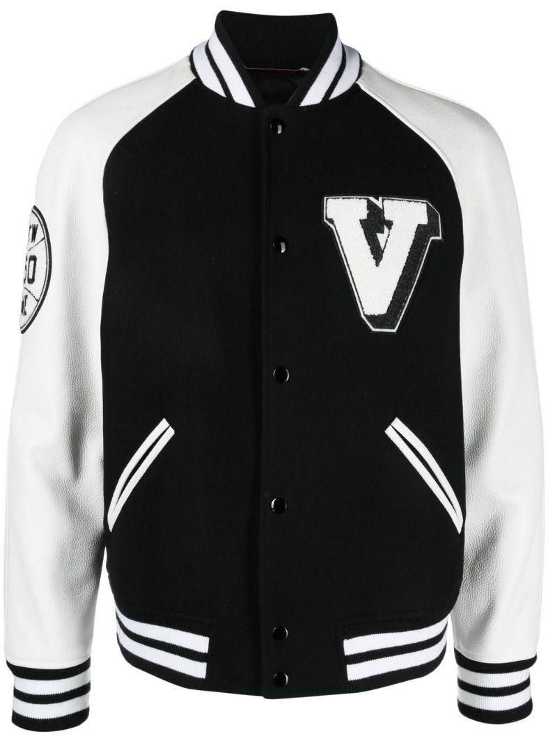 logo-patch leather sleeve bomber jacket 1