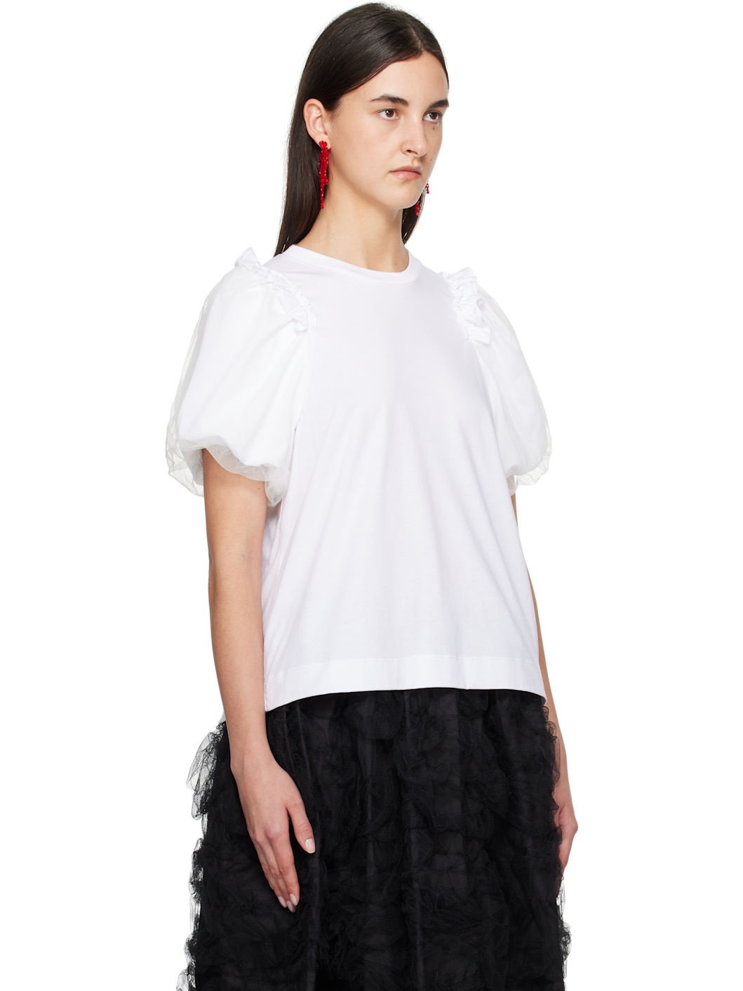 White Tulle Overlay Puff Sleeve Frill T-shirt - 2