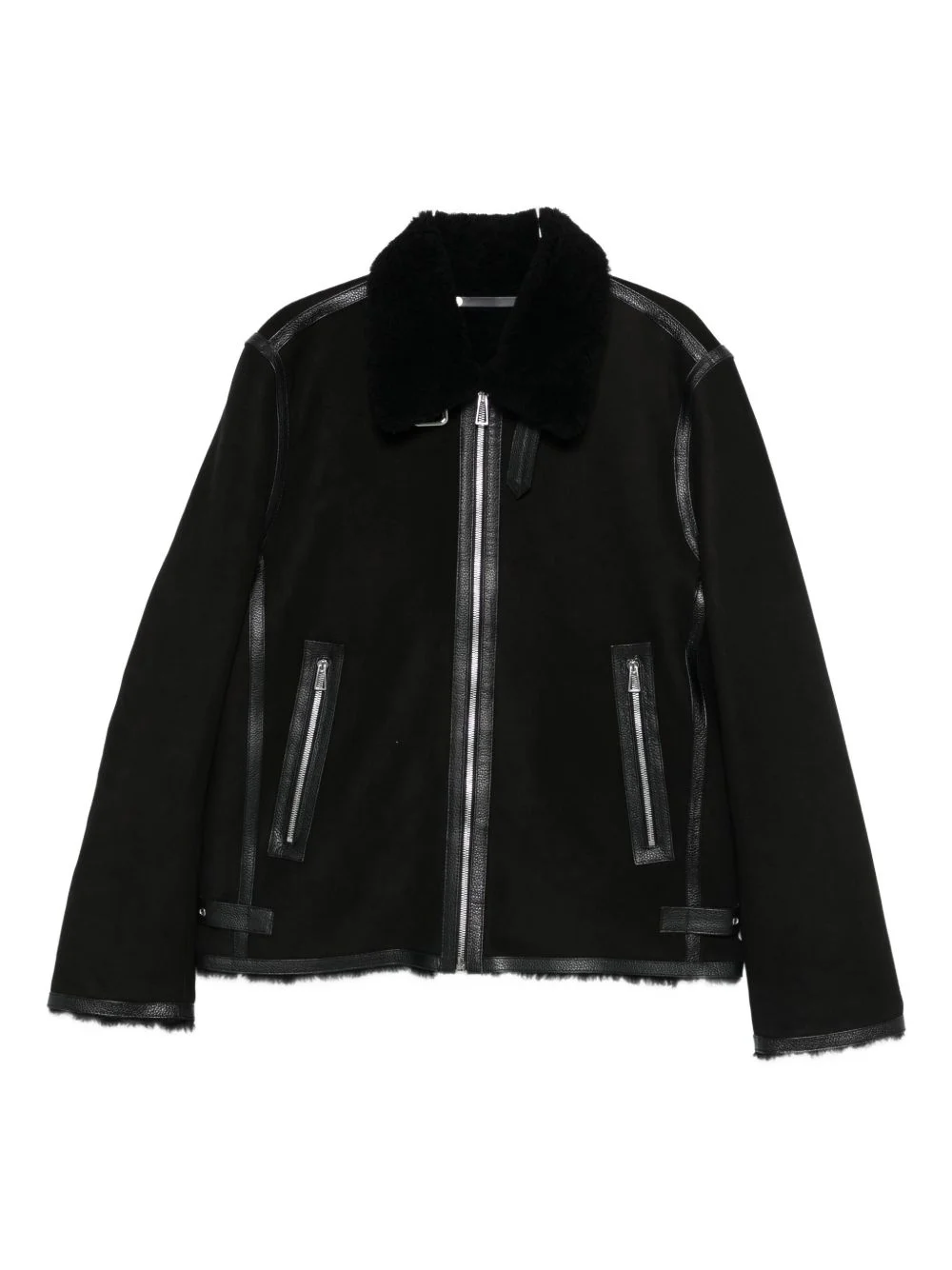 shearling-trim leather coat - 1